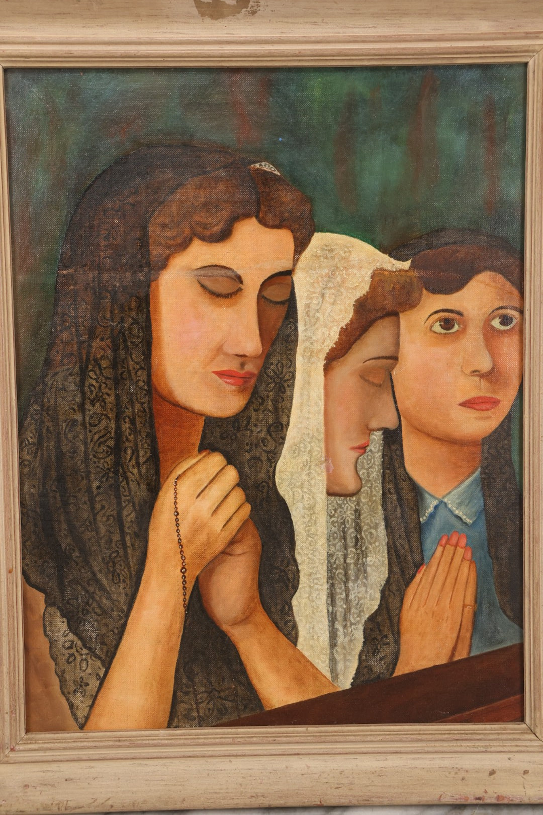Lot 048 - Vintage Oil On Board Painting Of Three Young Women In Prayer With Lace Veils And Rosary, In Painted Wooden Frame, 17-1/4" x 21-1/4"