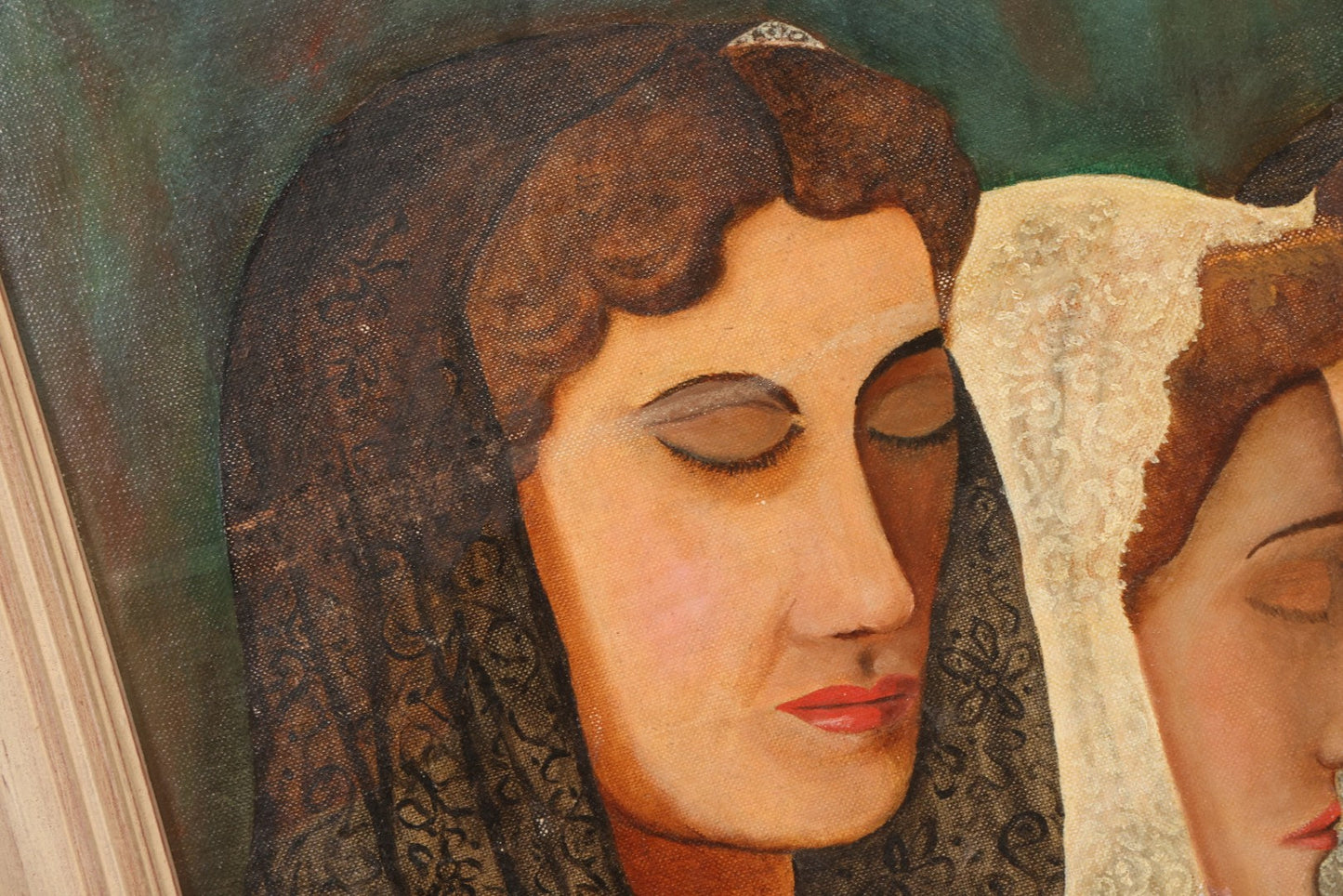 Lot 048 - Vintage Oil On Board Painting Of Three Young Women In Prayer With Lace Veils And Rosary, In Painted Wooden Frame, 17-1/4" x 21-1/4"