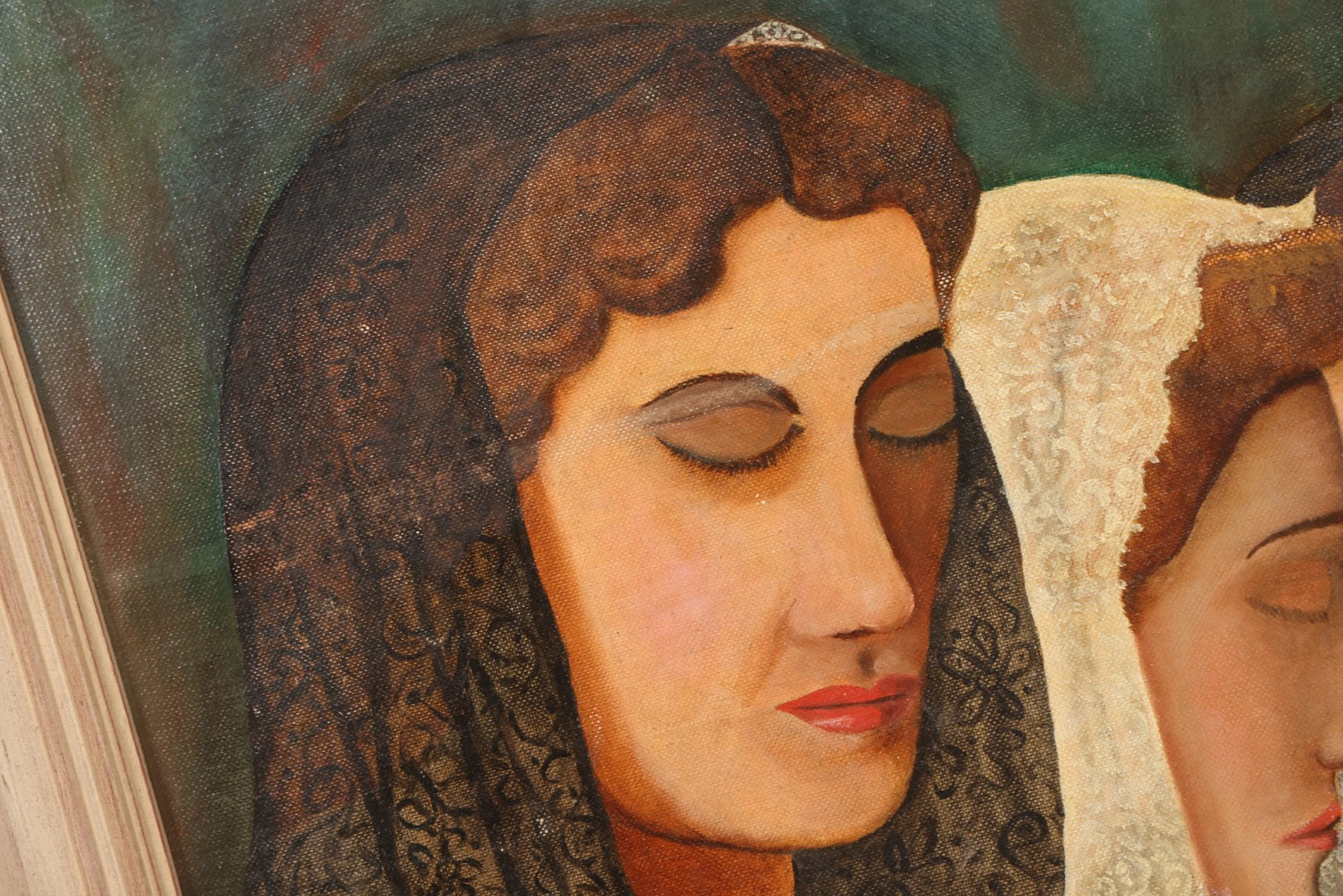 Lot 048 - Vintage Oil On Board Painting Of Three Young Women In Prayer With Lace Veils And Rosary, In Painted Wooden Frame, 17-1/4" x 21-1/4"