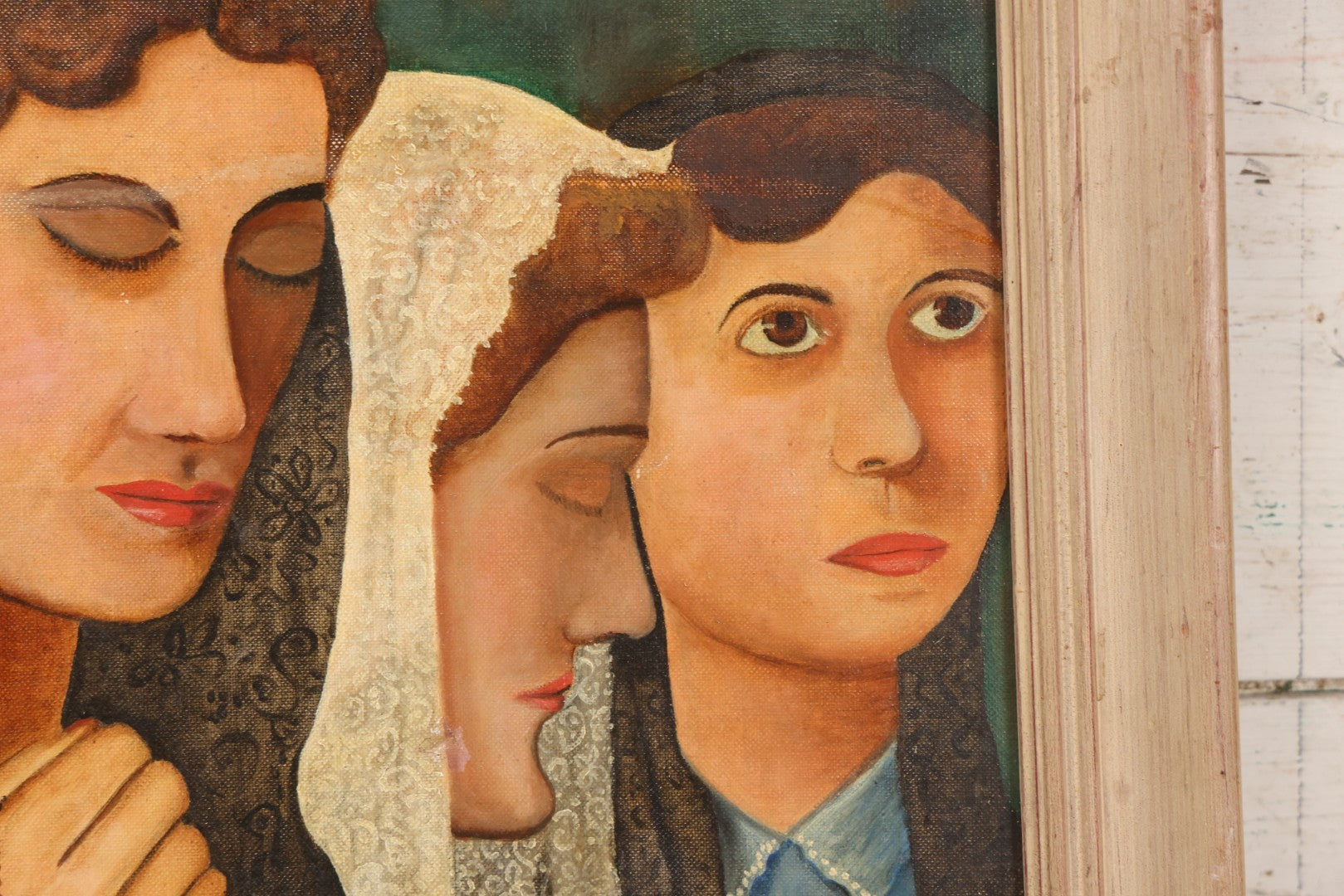 Lot 048 - Vintage Oil On Board Painting Of Three Young Women In Prayer With Lace Veils And Rosary, In Painted Wooden Frame, 17-1/4" x 21-1/4"