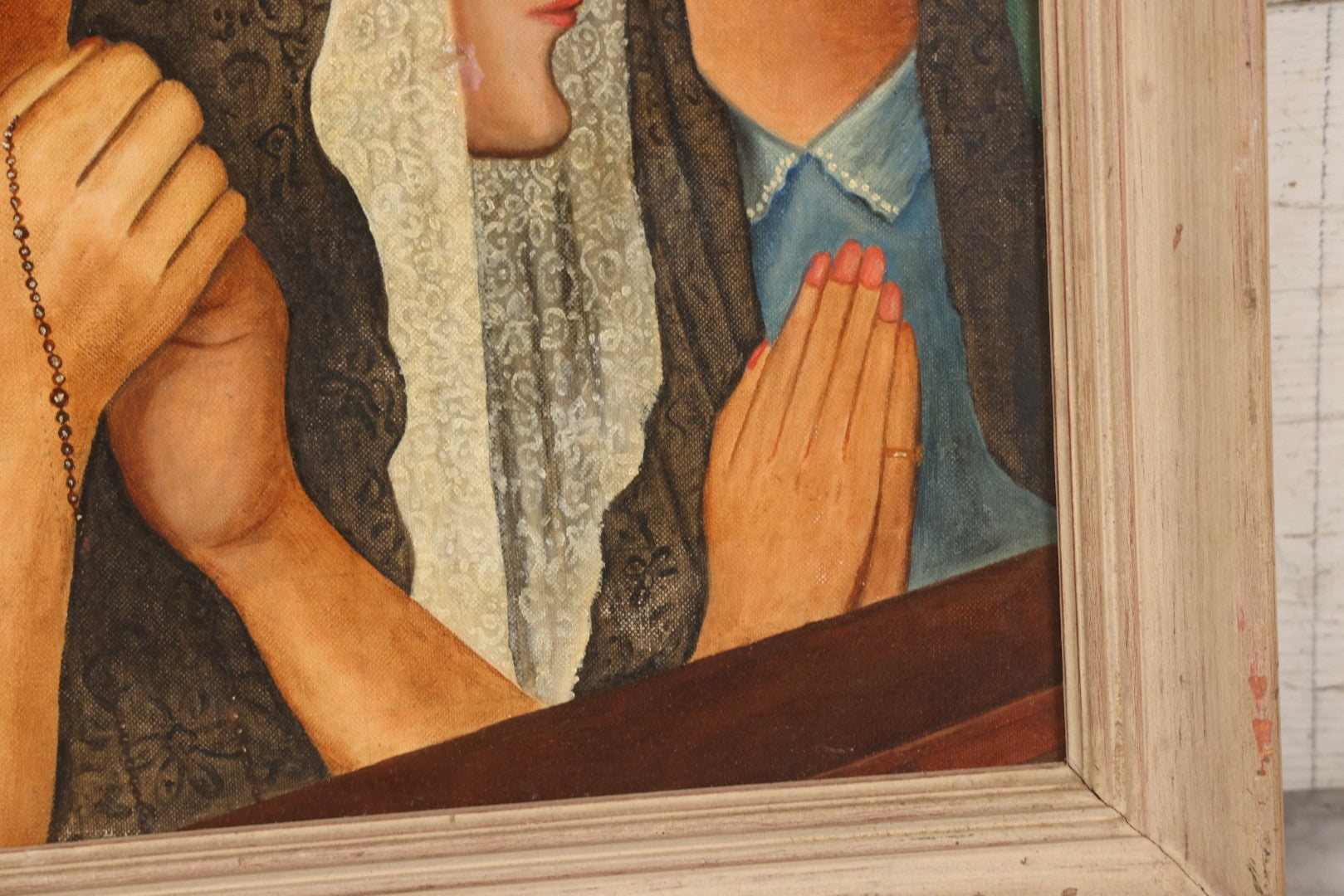 Lot 048 - Vintage Oil On Board Painting Of Three Young Women In Prayer With Lace Veils And Rosary, In Painted Wooden Frame, 17-1/4" x 21-1/4"