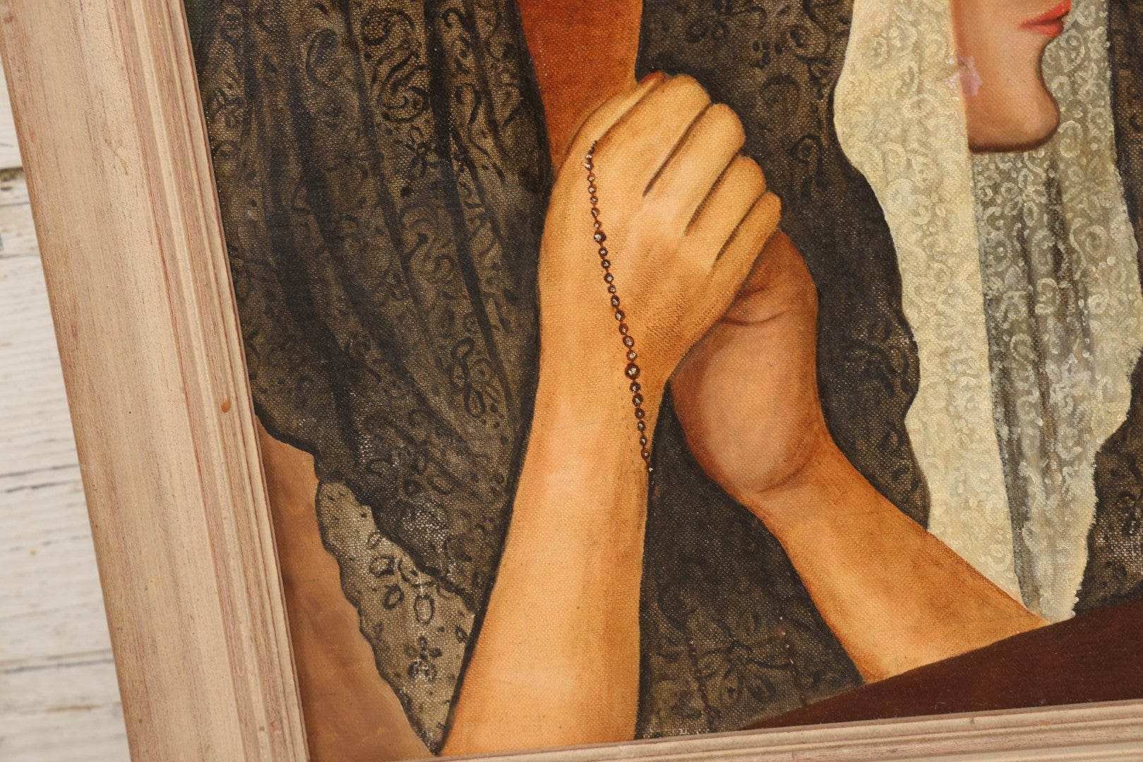 Lot 048 - Vintage Oil On Board Painting Of Three Young Women In Prayer With Lace Veils And Rosary, In Painted Wooden Frame, 17-1/4" x 21-1/4"