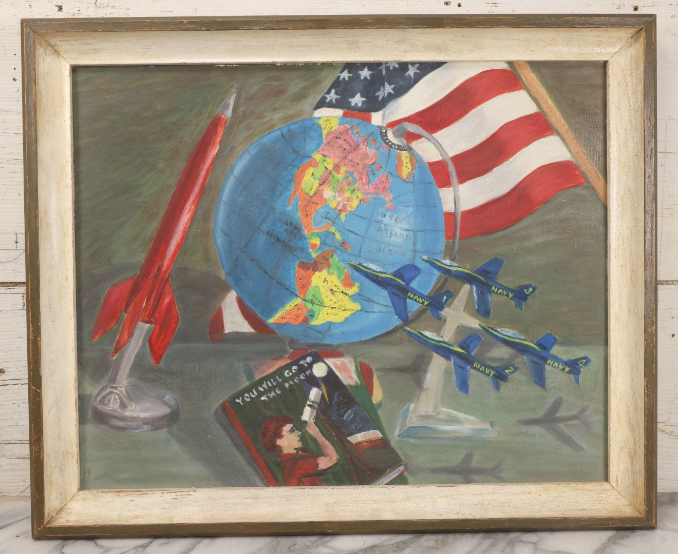 Lot 049 - Vintage Oil On Board Painting Titled “The Age Of Space For Scottie” With Globe, Rocket, Navy Jets, And U.S.A. Flag, Completed August 9, 1961, From Mrs. H.H. Wilson, Leominster, Massachusetts, 18-1/2" x 22-1/2"