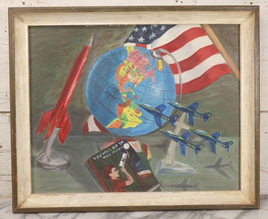 Lot 049 - Vintage Oil On Board Painting Titled “The Age Of Space For Scottie” With Globe, Rocket, Navy Jets, And U.S.A. Flag, Completed August 9, 1961, From Mrs. H.H. Wilson, Leominster, Massachusetts, 18-1/2" x 22-1/2"