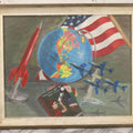 Lot 049 - Vintage Oil On Board Painting Titled “The Age Of Space For Scottie” With Globe, Rocket, Navy Jets, And U.S.A. Flag, Completed August 9, 1961, From Mrs. H.H. Wilson, Leominster, Massachusetts, 18-1/2" x 22-1/2"