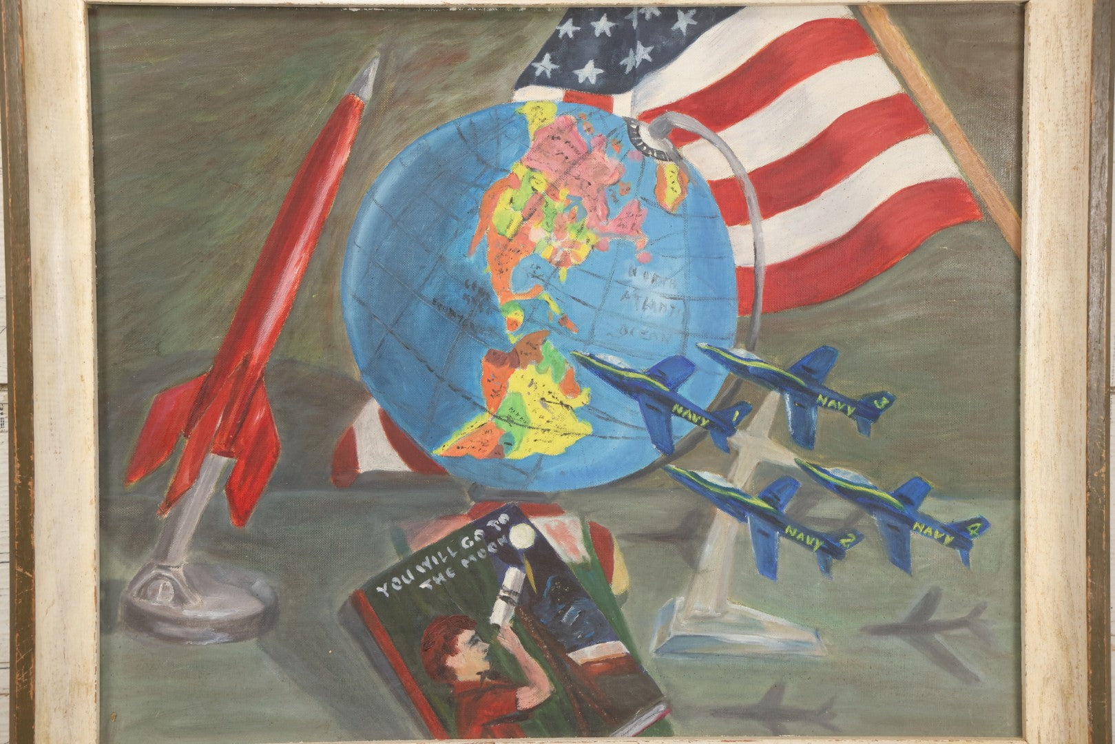 Lot 049 - Vintage Oil On Board Painting Titled “The Age Of Space For Scottie” With Globe, Rocket, Navy Jets, And U.S.A. Flag, Completed August 9, 1961, From Mrs. H.H. Wilson, Leominster, Massachusetts, 18-1/2" x 22-1/2"