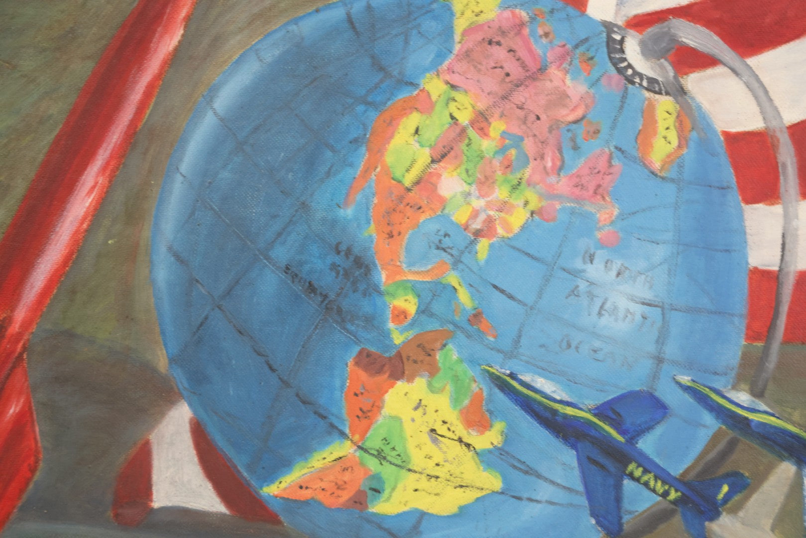 Lot 049 - Vintage Oil On Board Painting Titled “The Age Of Space For Scottie” With Globe, Rocket, Navy Jets, And U.S.A. Flag, Completed August 9, 1961, From Mrs. H.H. Wilson, Leominster, Massachusetts, 18-1/2" x 22-1/2"