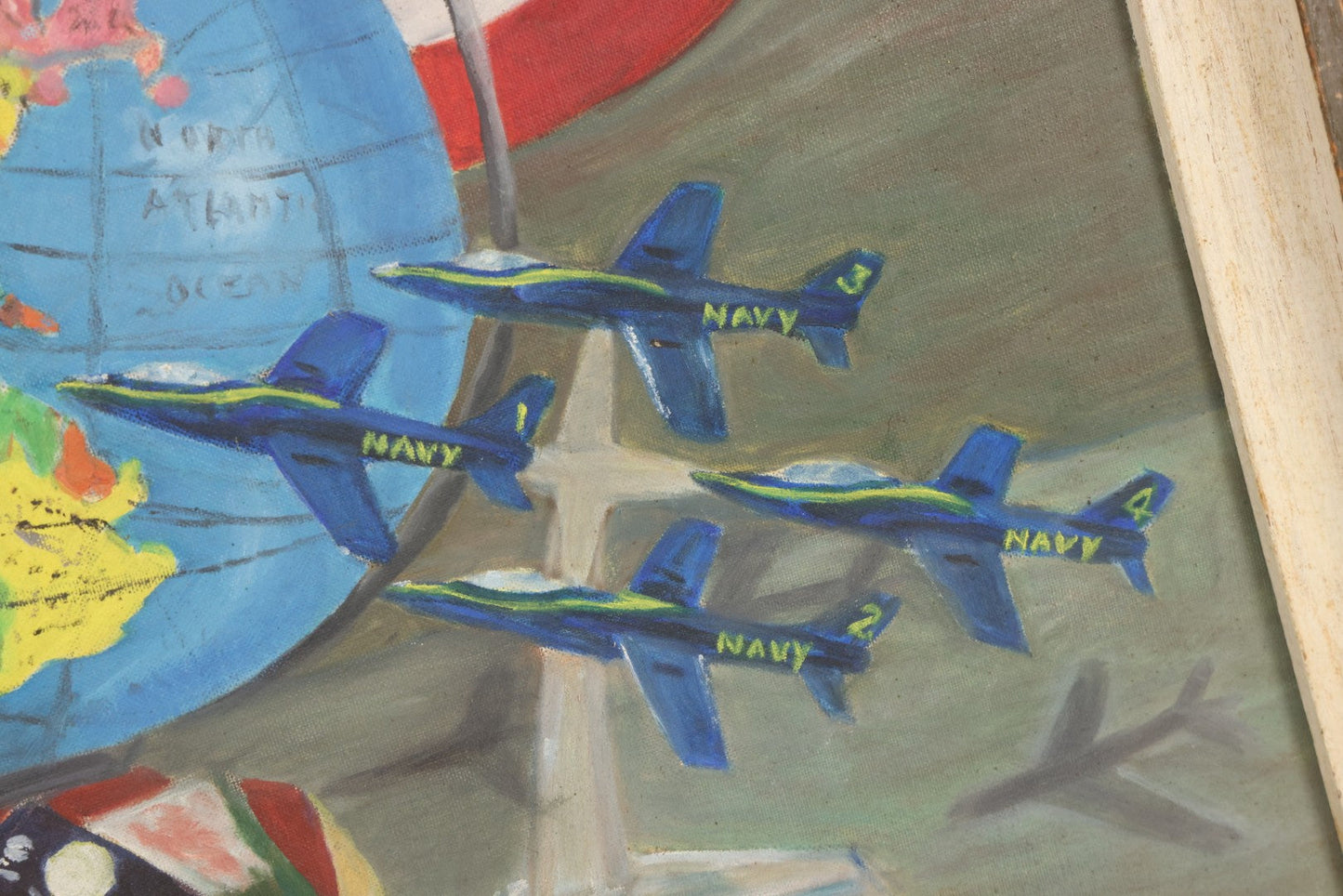 Lot 049 - Vintage Oil On Board Painting Titled “The Age Of Space For Scottie” With Globe, Rocket, Navy Jets, And U.S.A. Flag, Completed August 9, 1961, From Mrs. H.H. Wilson, Leominster, Massachusetts, 18-1/2" x 22-1/2"