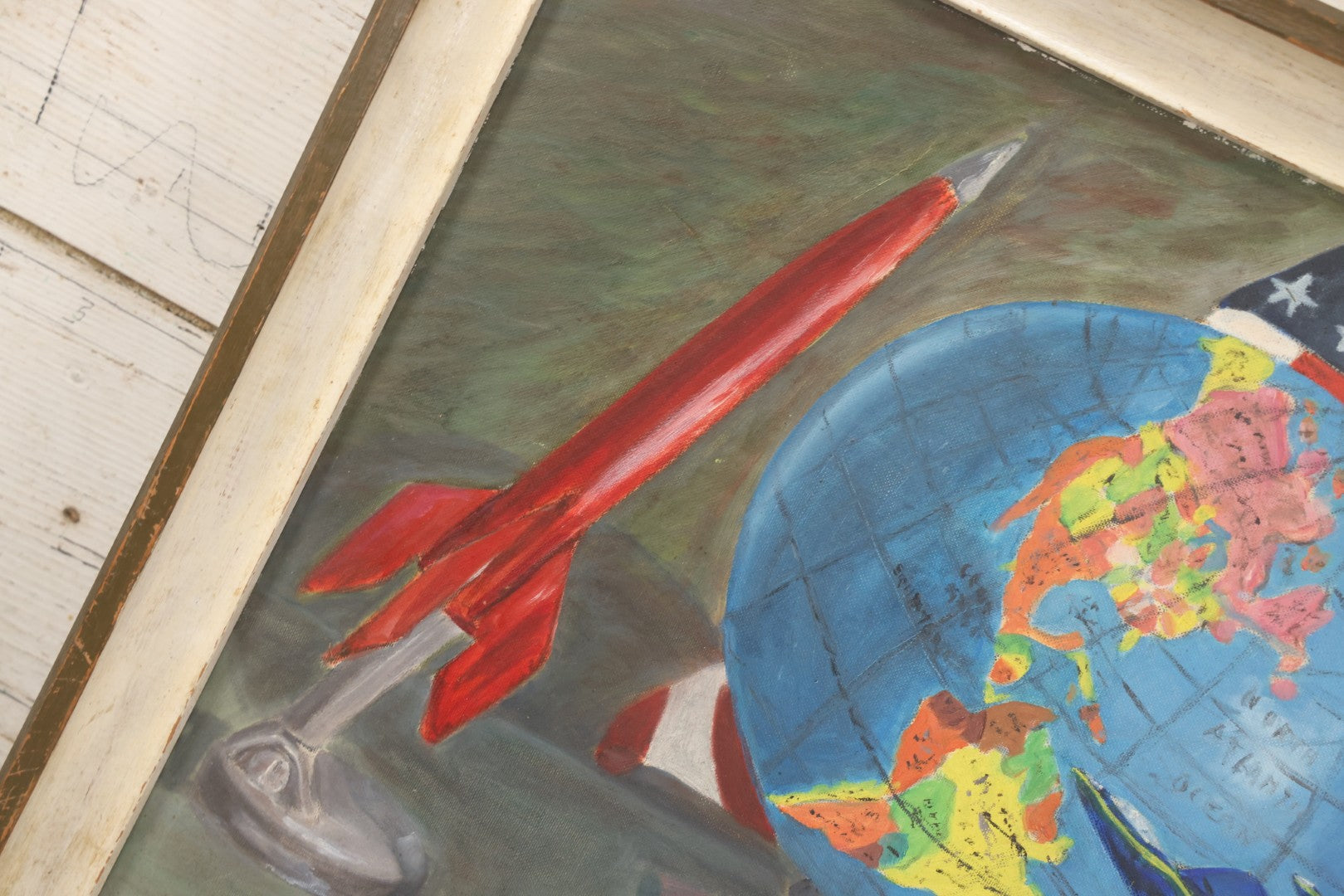 Lot 049 - Vintage Oil On Board Painting Titled “The Age Of Space For Scottie” With Globe, Rocket, Navy Jets, And U.S.A. Flag, Completed August 9, 1961, From Mrs. H.H. Wilson, Leominster, Massachusetts, 18-1/2" x 22-1/2"