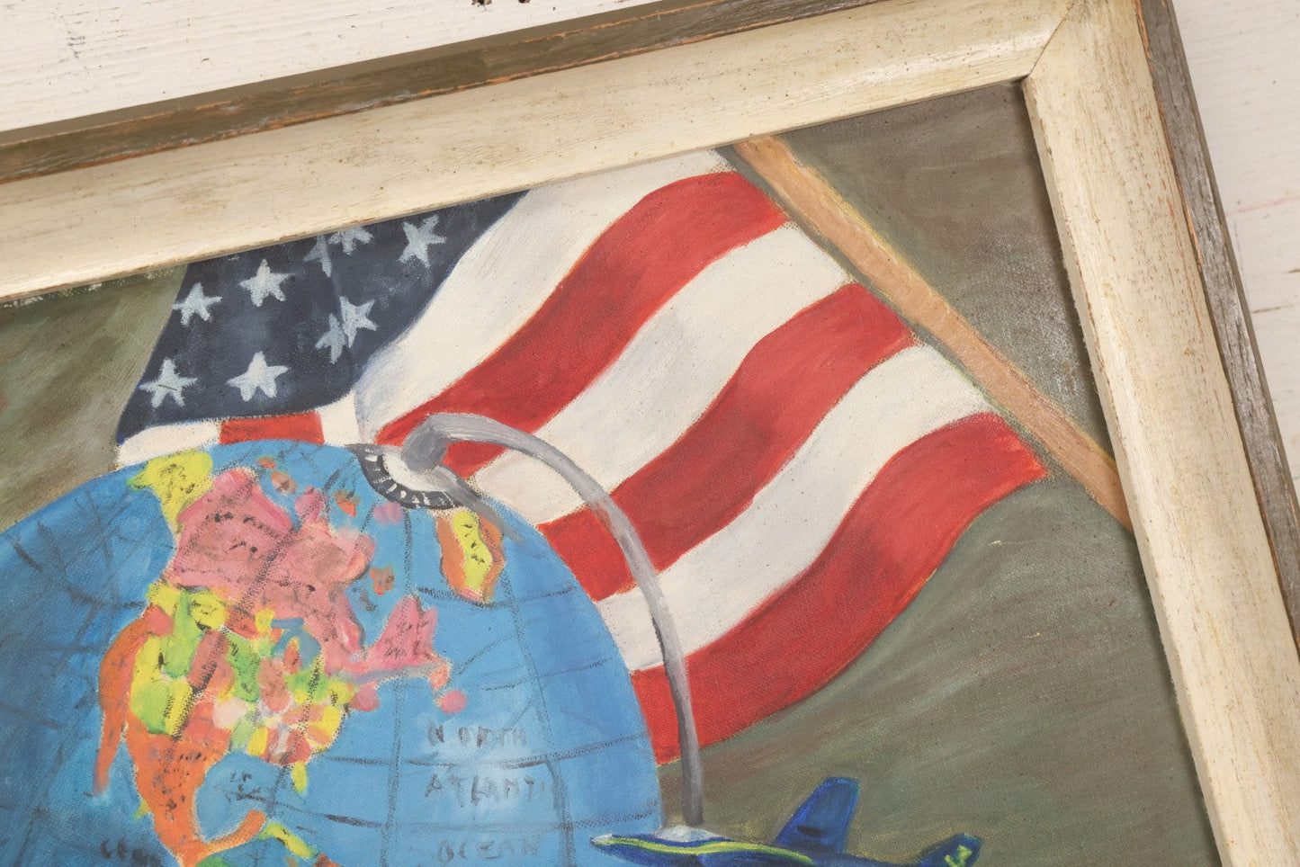 Lot 049 - Vintage Oil On Board Painting Titled “The Age Of Space For Scottie” With Globe, Rocket, Navy Jets, And U.S.A. Flag, Completed August 9, 1961, From Mrs. H.H. Wilson, Leominster, Massachusetts, 18-1/2" x 22-1/2"