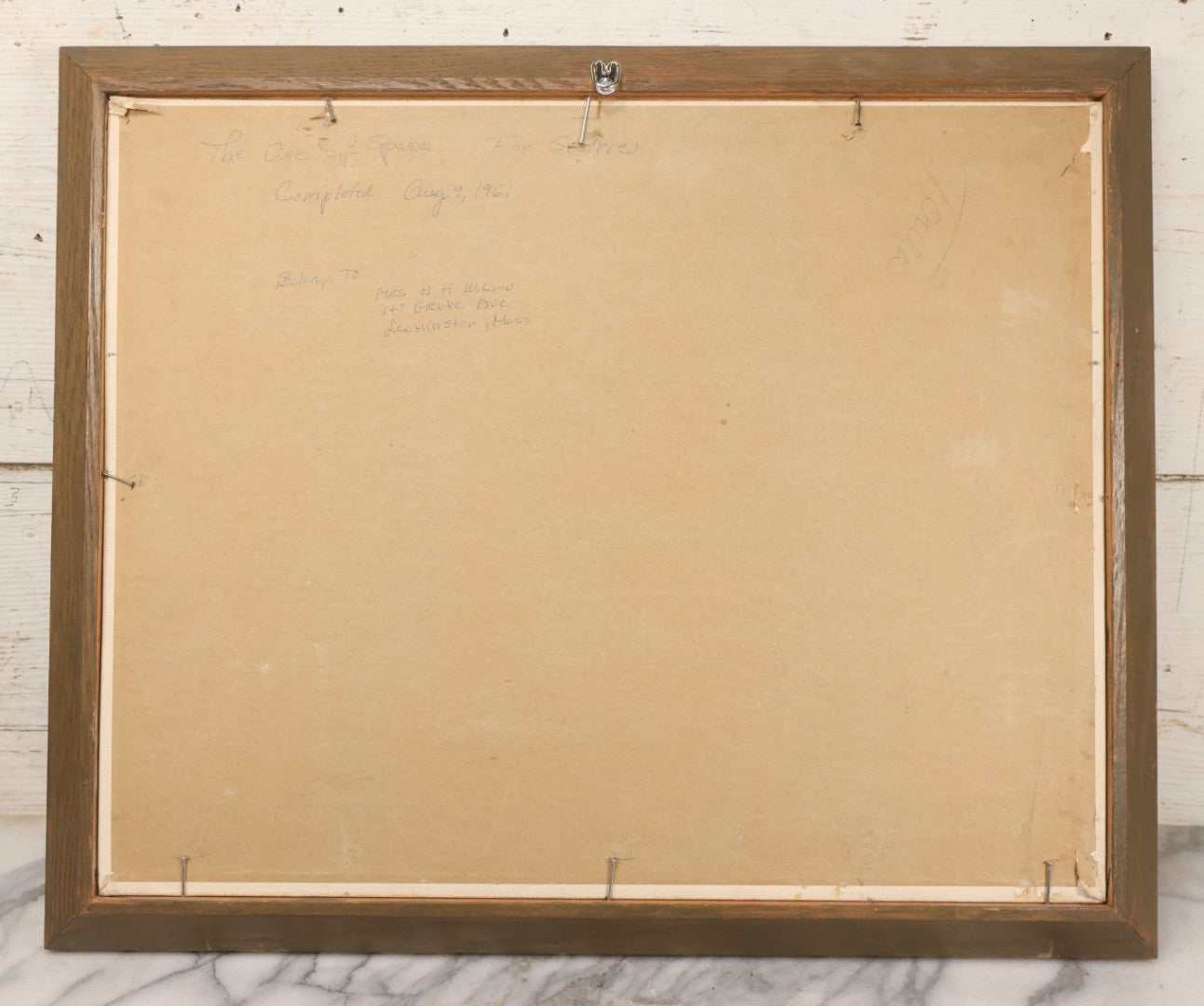 Lot 049 - Vintage Oil On Board Painting Titled “The Age Of Space For Scottie” With Globe, Rocket, Navy Jets, And U.S.A. Flag, Completed August 9, 1961, From Mrs. H.H. Wilson, Leominster, Massachusetts, 18-1/2" x 22-1/2"