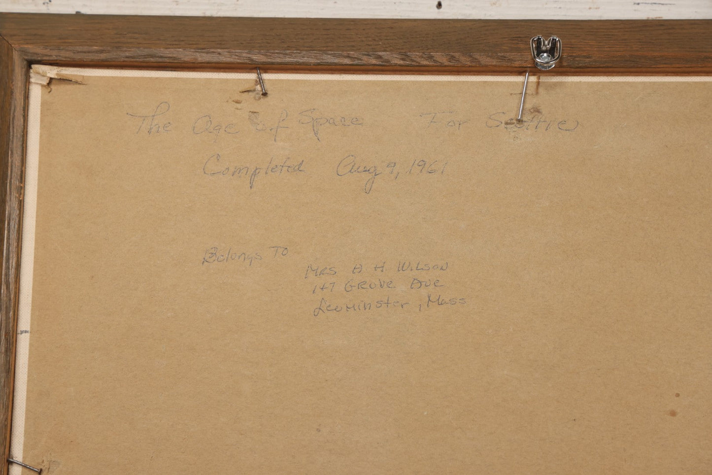 Lot 049 - Vintage Oil On Board Painting Titled “The Age Of Space For Scottie” With Globe, Rocket, Navy Jets, And U.S.A. Flag, Completed August 9, 1961, From Mrs. H.H. Wilson, Leominster, Massachusetts, 18-1/2" x 22-1/2"