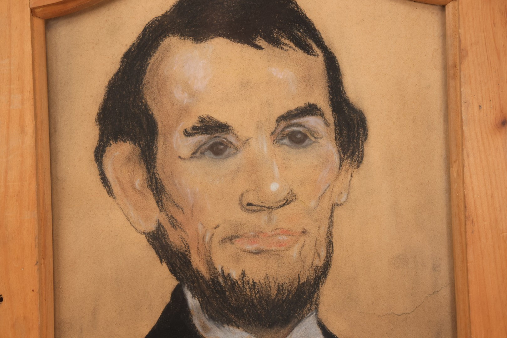 Lot 050 - Vintage Folk Art Pastel Portrait Of Abraham Lincoln, Presented In Repurposed Cabinet Door Frame, 14-3/8" x 21-5/8"