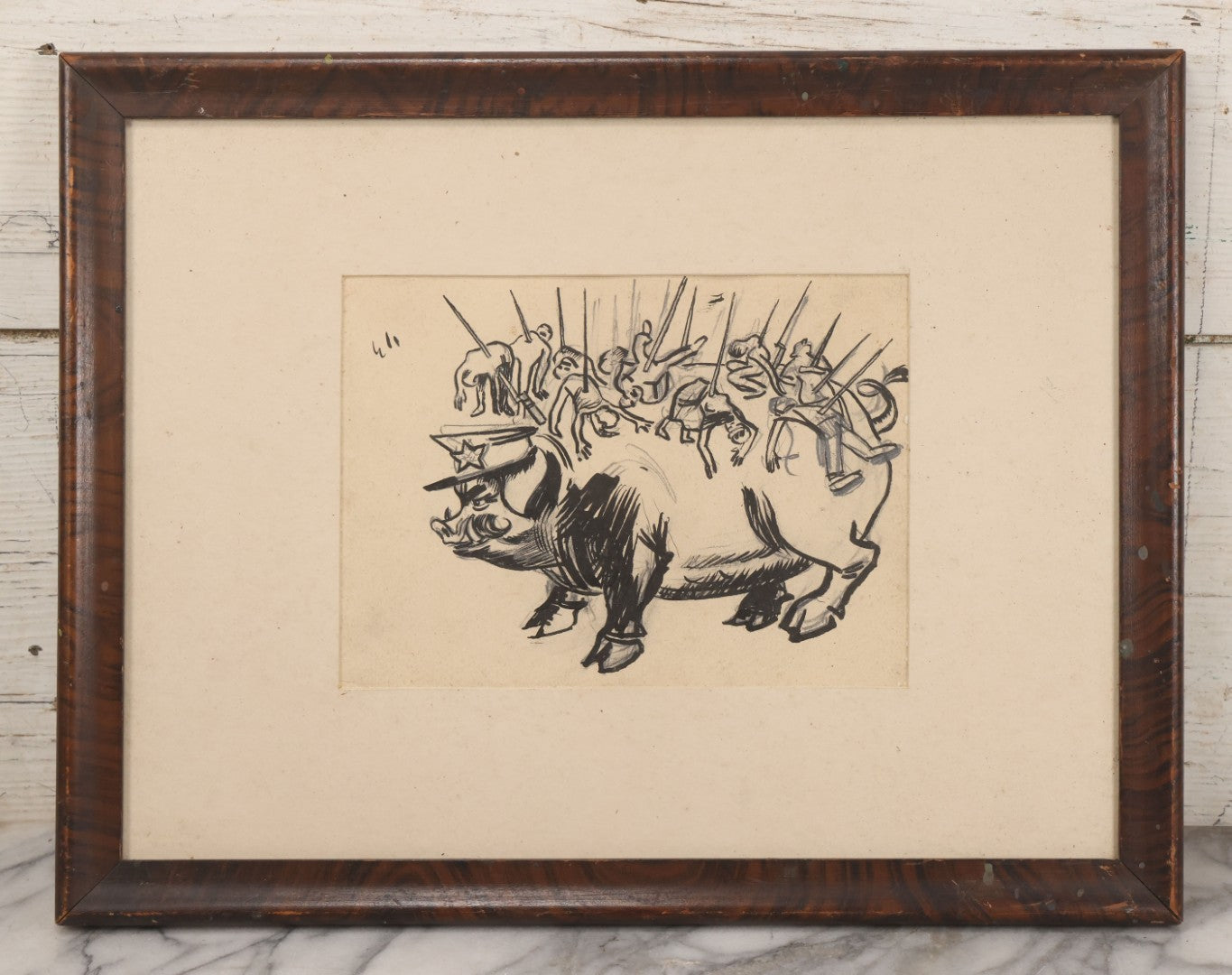 Lot 051 - Vintage Original Pen And Ink Drawing Of Caricatured Pig Police Officer With Impaled People On Back, Attributed To Baltic Artist, Framed With Mat, Doodles And Note On Verso, 17-5/8" x 13-3/4"