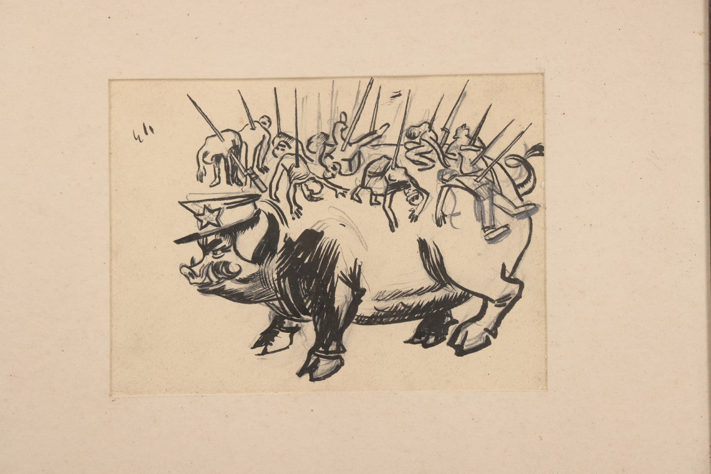 Lot 051 - Vintage Original Pen And Ink Drawing Of Caricatured Pig Police Officer With Impaled People On Back, Attributed To Baltic Artist, Framed With Mat, Doodles And Note On Verso, 17-5/8" x 13-3/4"