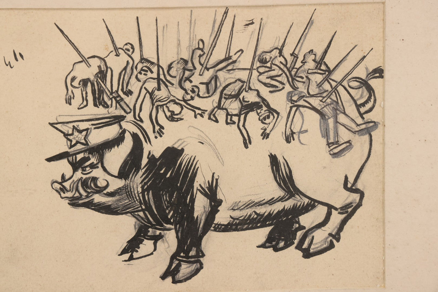 Lot 051 - Vintage Original Pen And Ink Drawing Of Caricatured Pig Police Officer With Impaled People On Back, Attributed To Baltic Artist, Framed With Mat, Doodles And Note On Verso, 17-5/8" x 13-3/4"