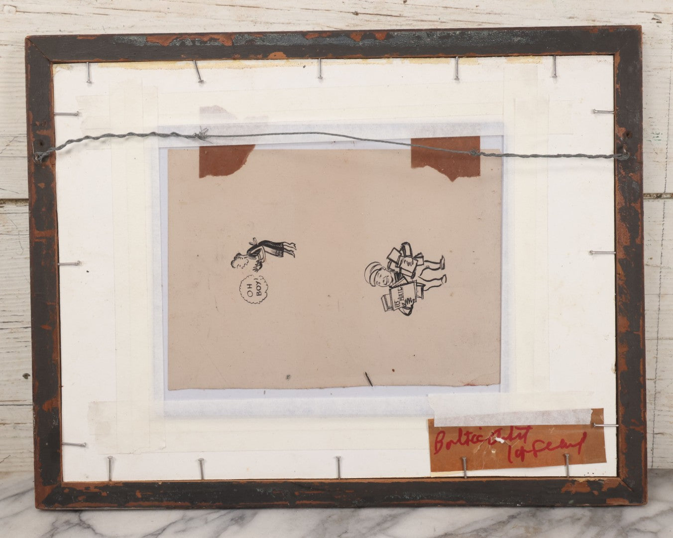 Lot 051 - Vintage Original Pen And Ink Drawing Of Caricatured Pig Police Officer With Impaled People On Back, Attributed To Baltic Artist, Framed With Mat, Doodles And Note On Verso, 17-5/8" x 13-3/4"