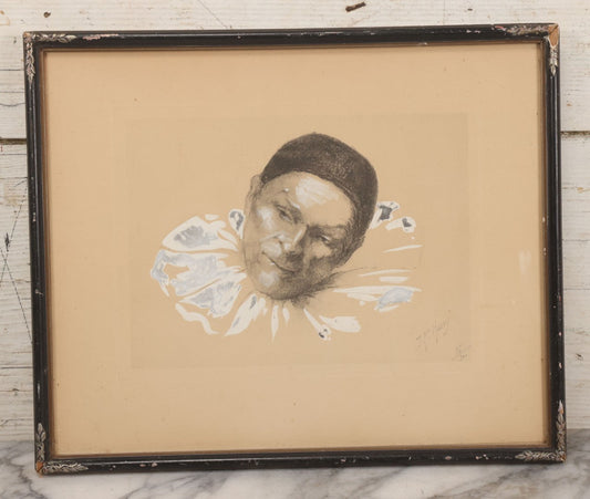Lot 052 - Vintage Etching With Hand Coloring Of Clown In Ruffled Collar, Signed J.P. Ham, Numbered 36/300, Framed, 14-1/4" x 11-3/4"