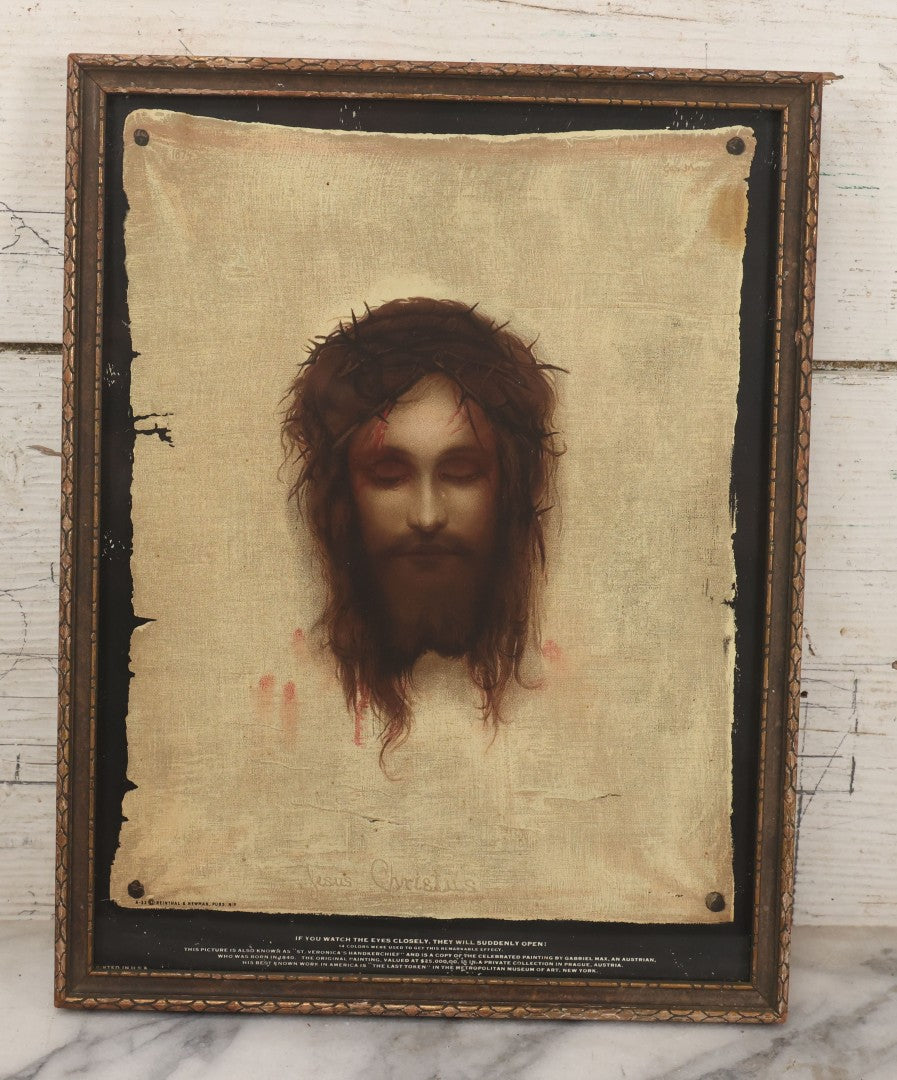 Lot 053 - Antique “Veil Of Veronica” Lithograph Print Of Jesus Christ, Copyright The House Of Art, New York, No. A-33, With Eye-Opening Illusion, In Original Frame, 10" x 12-3/4"