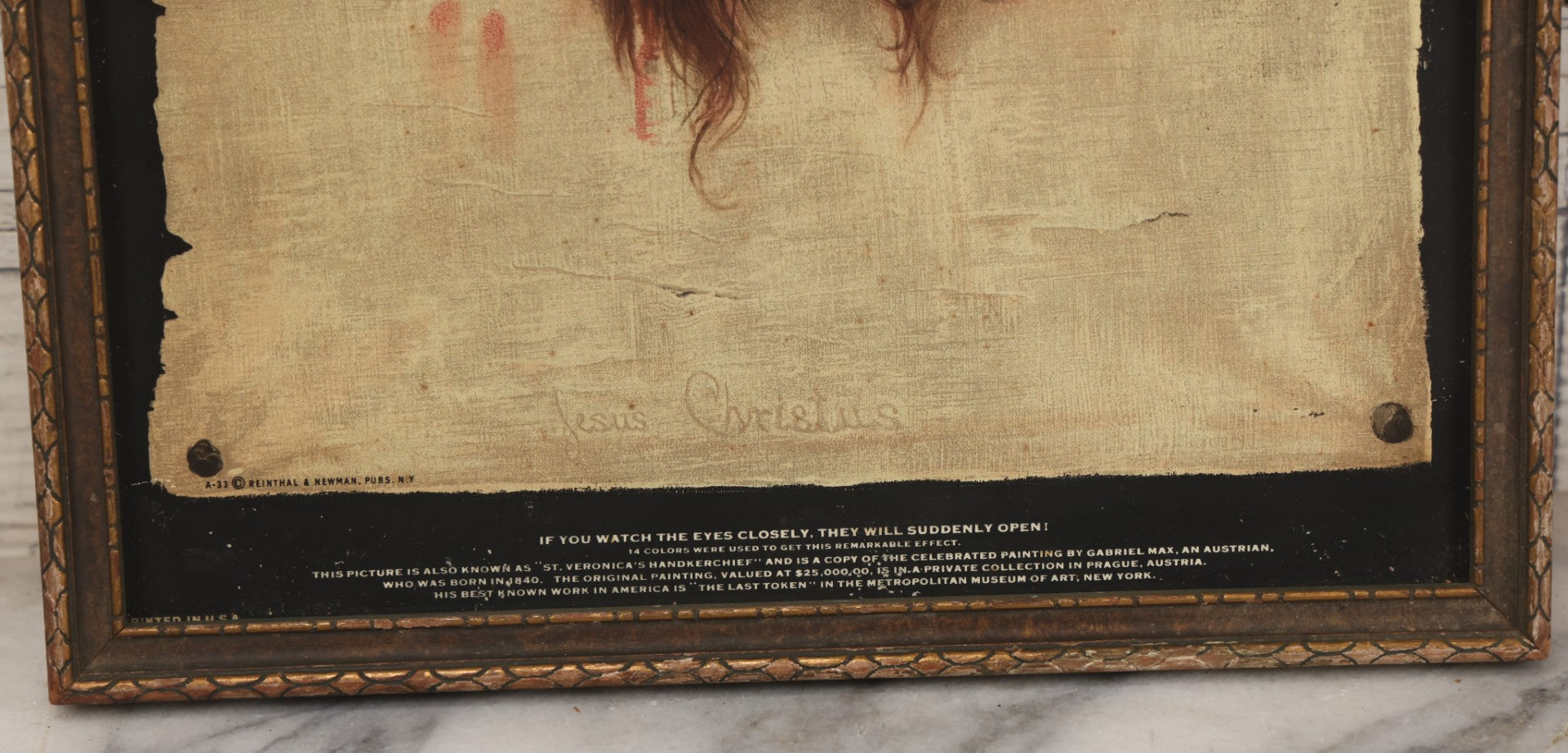 Lot 053 - Antique “Veil Of Veronica” Lithograph Print Of Jesus Christ, Copyright The House Of Art, New York, No. A-33, With Eye-Opening Illusion, In Original Frame, 10" x 12-3/4"