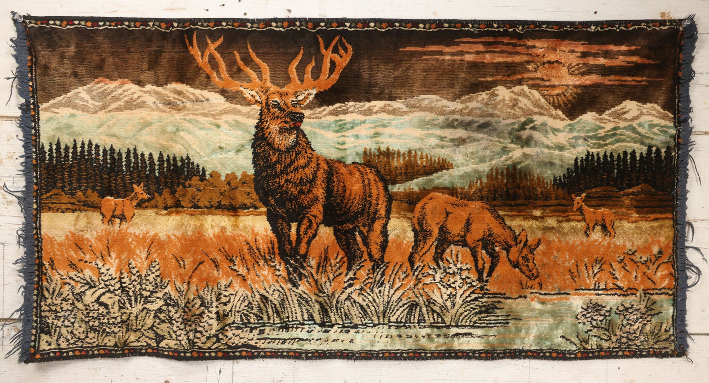 Lot 055 - Vintage Woven Tapestry Wall Hanging With Stag And Deer In Mountain Landscape Scene, 37-3/4" x 19-1/2"