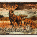 Lot 055 - Vintage Woven Tapestry Wall Hanging With Stag And Deer In Mountain Landscape Scene, 37-3/4" x 19-1/2"
