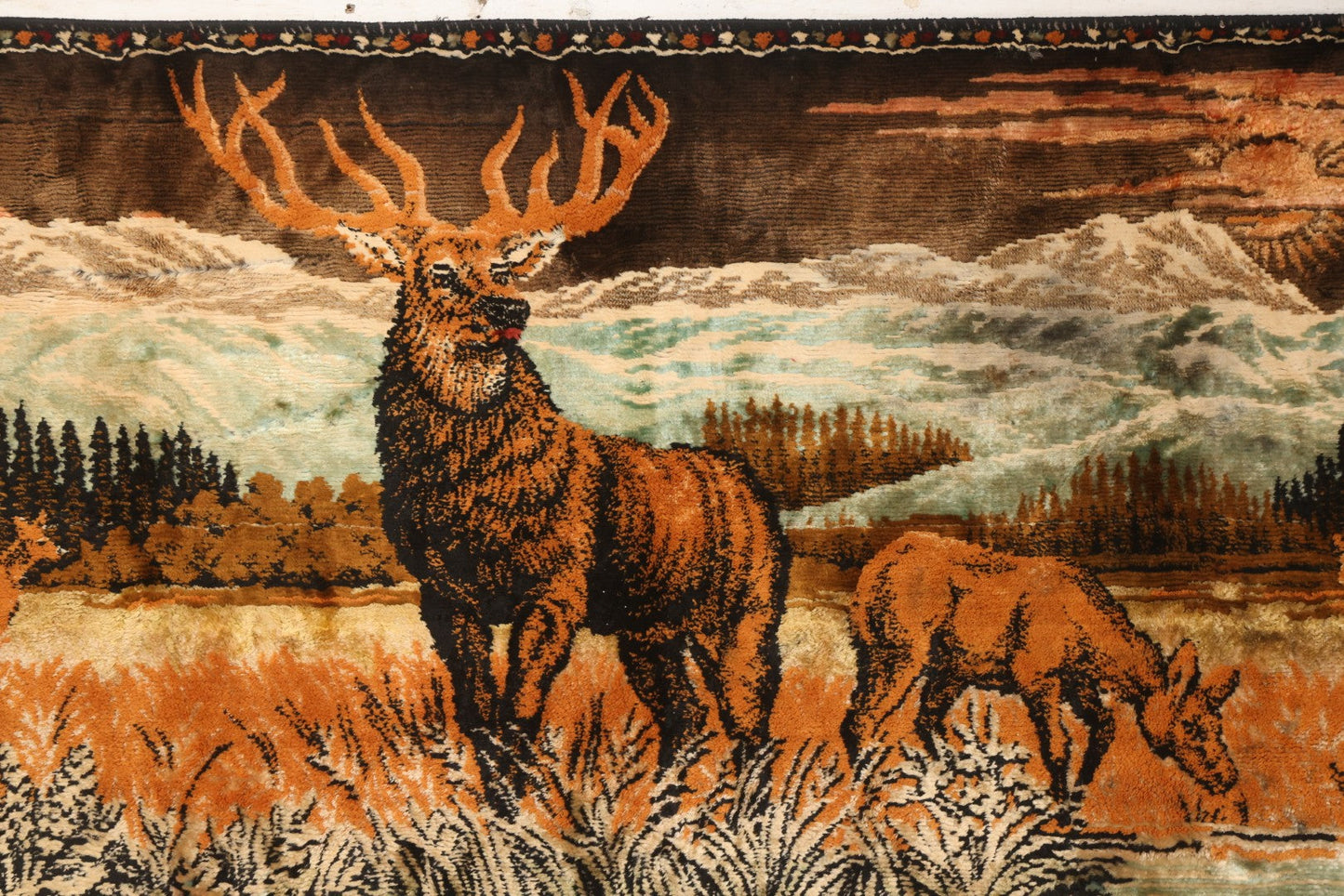 Lot 055 - Vintage Woven Tapestry Wall Hanging With Stag And Deer In Mountain Landscape Scene, 37-3/4" x 19-1/2"