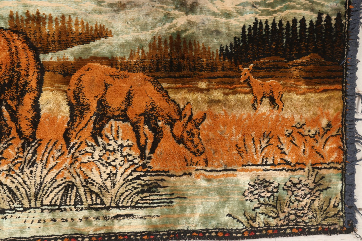 Lot 055 - Vintage Woven Tapestry Wall Hanging With Stag And Deer In Mountain Landscape Scene, 37-3/4" x 19-1/2"