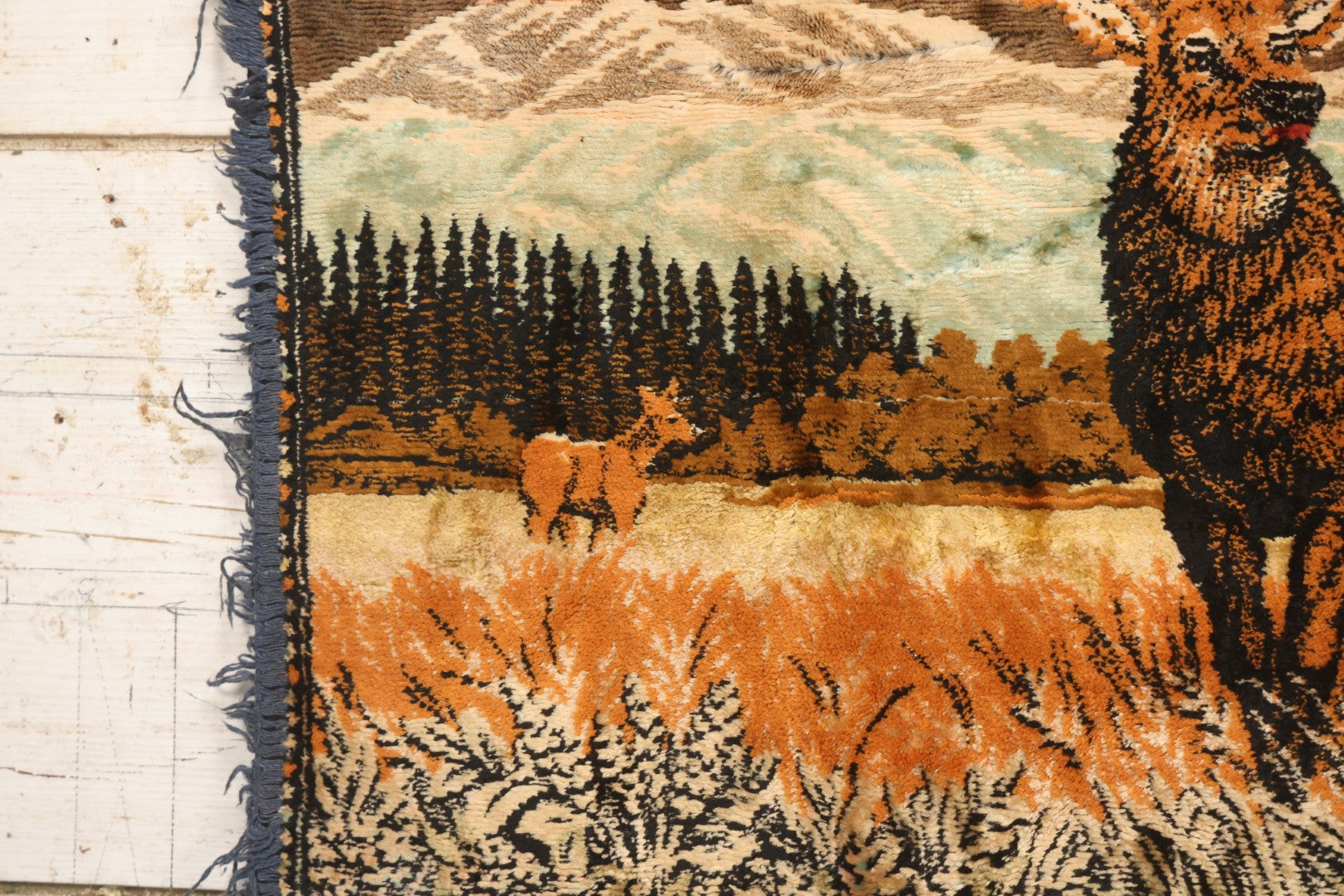Lot 055 - Vintage Woven Tapestry Wall Hanging With Stag And Deer In Mountain Landscape Scene, 37-3/4" x 19-1/2"