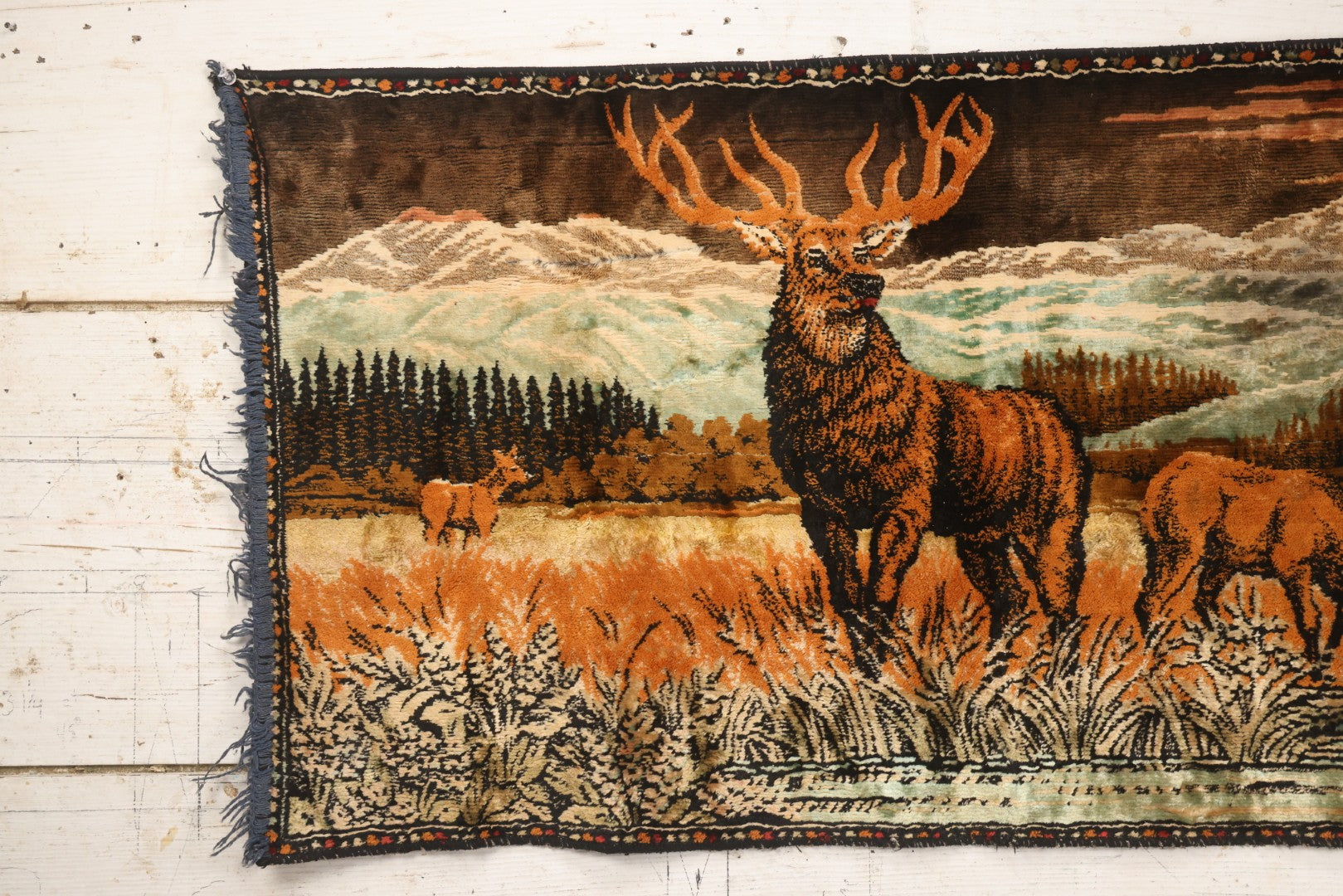 Lot 055 - Vintage Woven Tapestry Wall Hanging With Stag And Deer In Mountain Landscape Scene, 37-3/4" x 19-1/2"