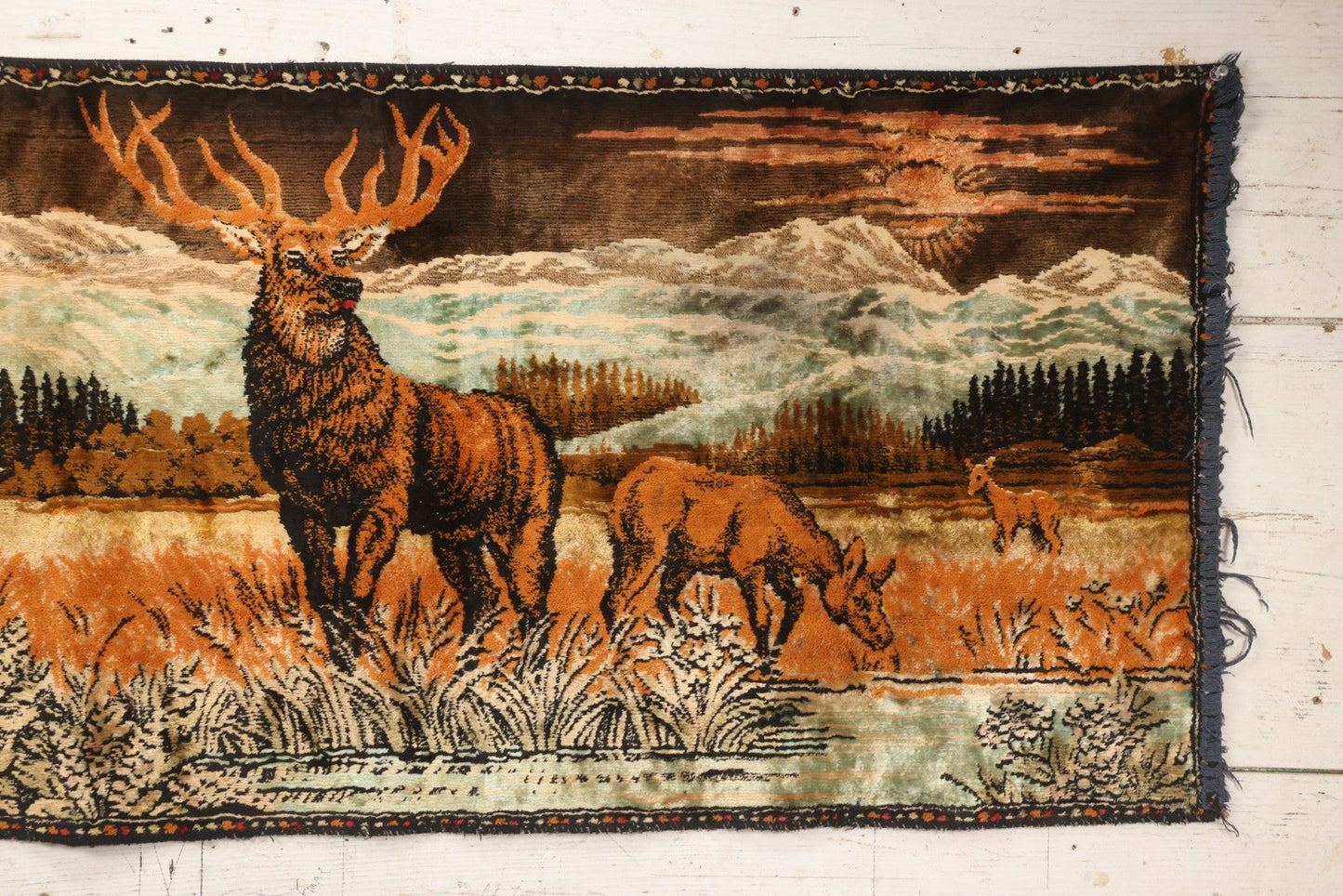 Lot 055 - Vintage Woven Tapestry Wall Hanging With Stag And Deer In Mountain Landscape Scene, 37-3/4" x 19-1/2"