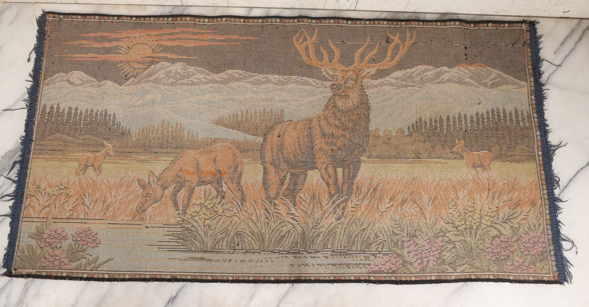 Lot 055 - Vintage Woven Tapestry Wall Hanging With Stag And Deer In Mountain Landscape Scene, 37-3/4" x 19-1/2"