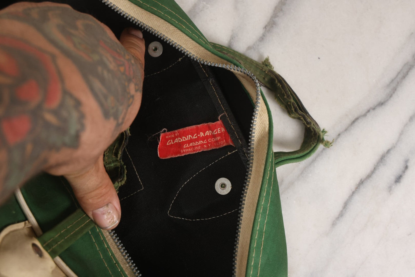 Lot 056 - Vintage Green Gym Bag From McCann Technical School, North Adams, Massachusetts