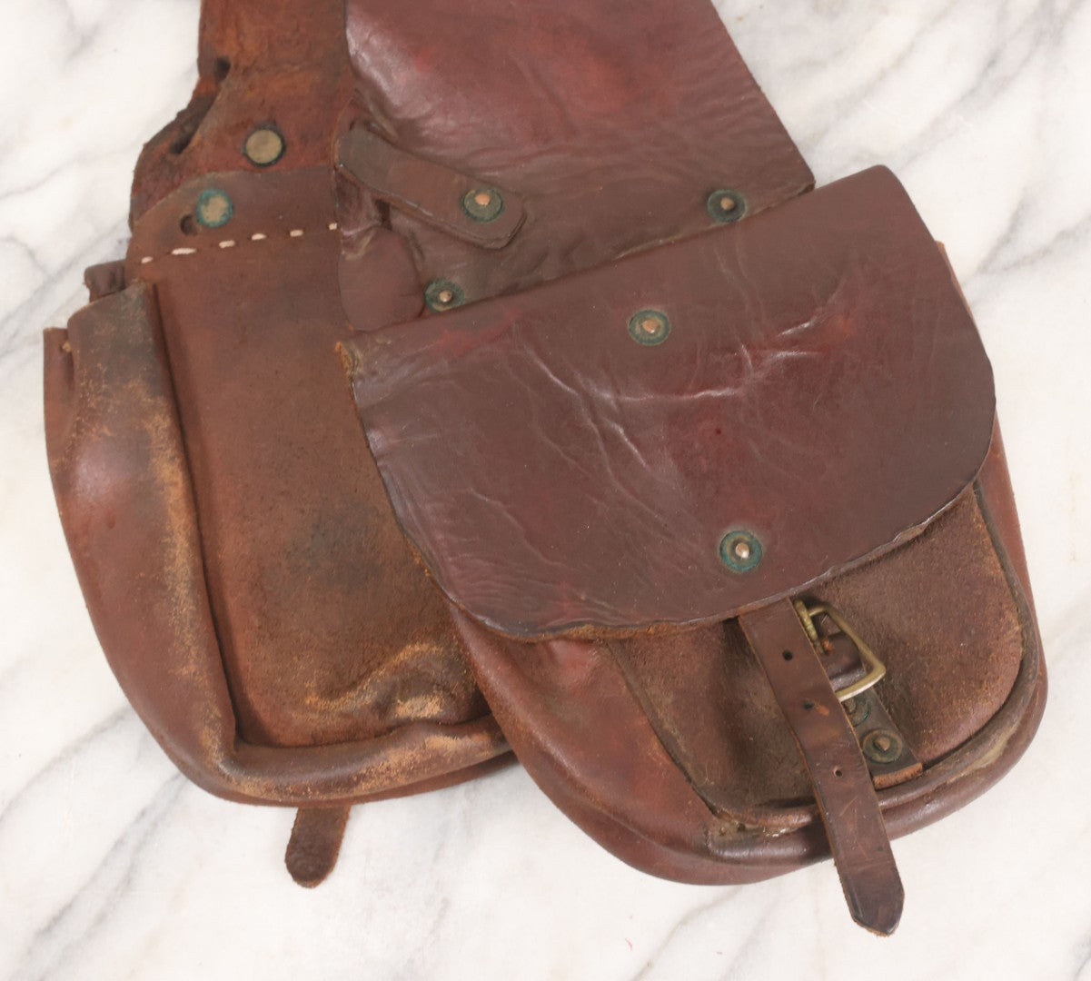 Lot 058 - Antique Brown Leather Cavalry Saddlebags With Buckle Straps And Rivet Reinforcements