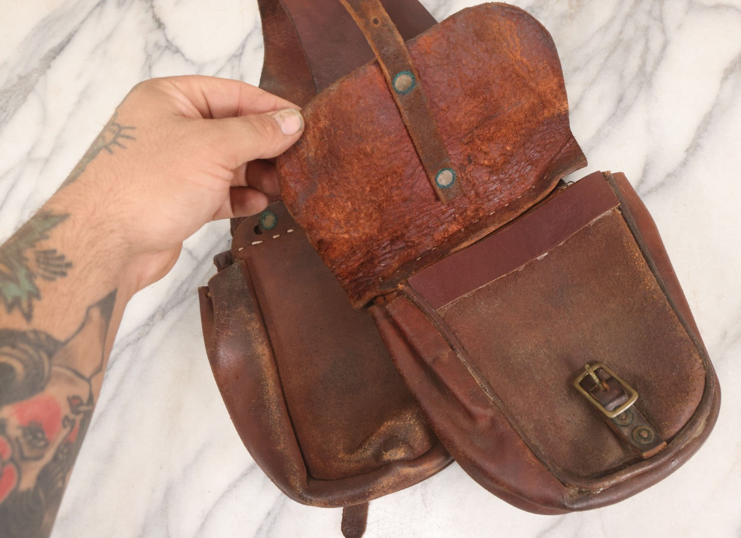 Lot 058 - Antique Brown Leather Cavalry Saddlebags With Buckle Straps And Rivet Reinforcements