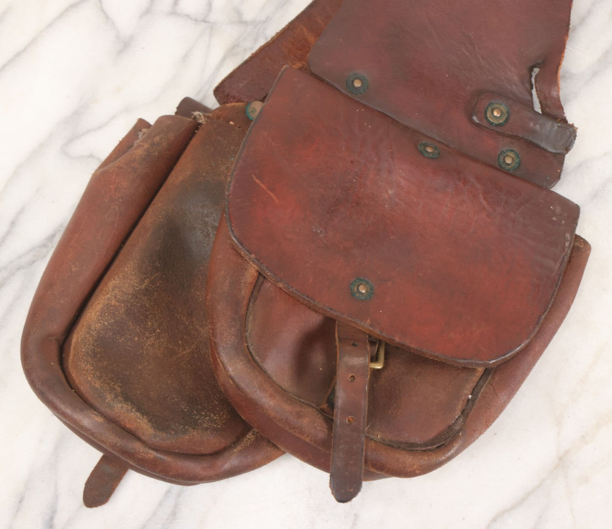 Lot 058 - Antique Brown Leather Cavalry Saddlebags With Buckle Straps And Rivet Reinforcements