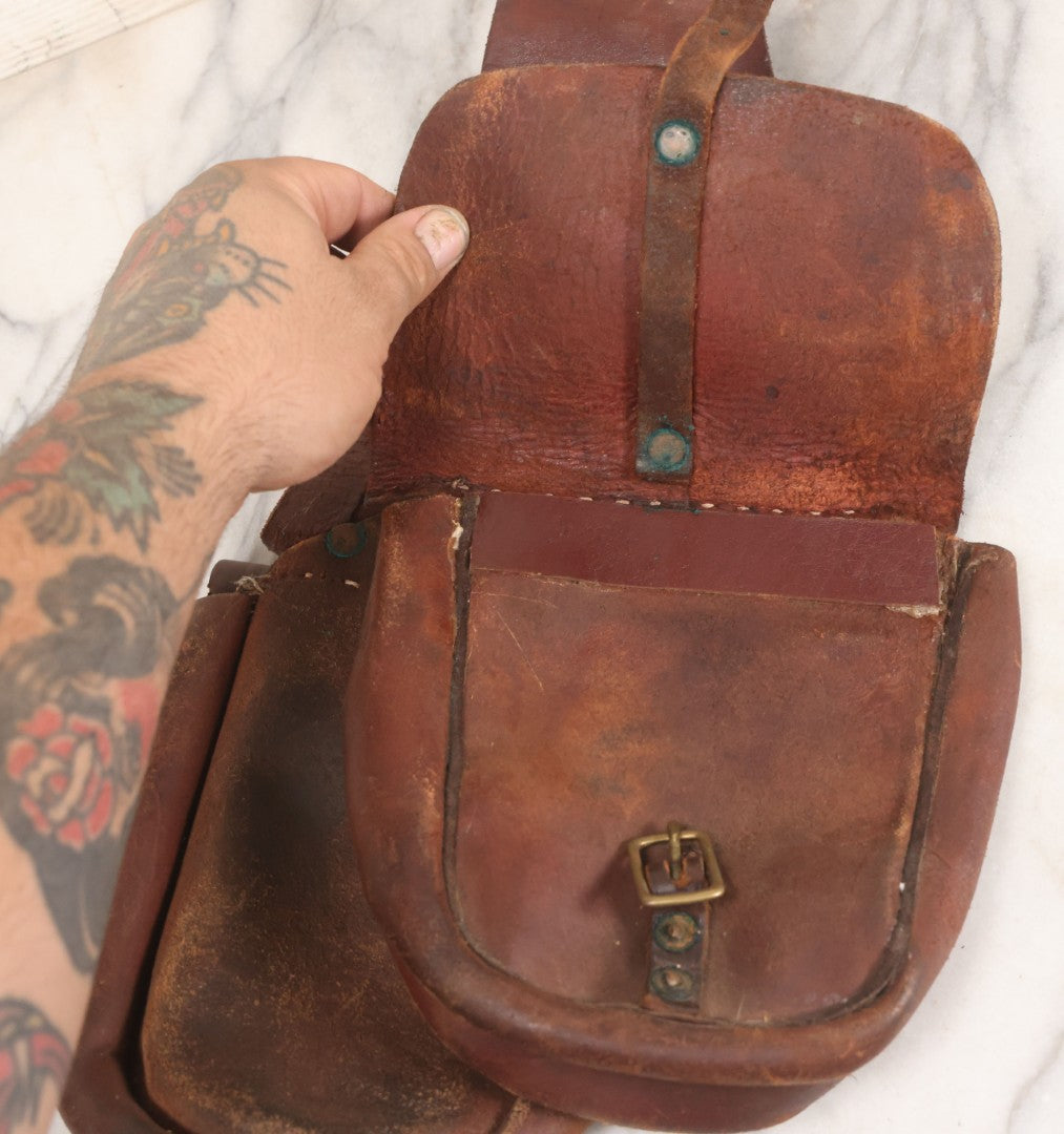Lot 058 - Antique Brown Leather Cavalry Saddlebags With Buckle Straps And Rivet Reinforcements