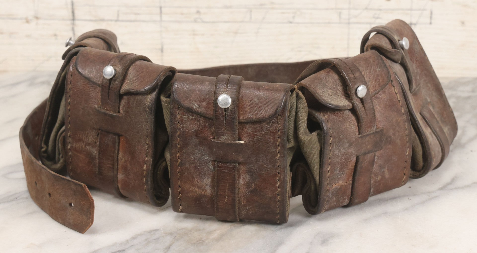 Lot 059 - Antique Leather And Canvas Ammunition Belt With Five Pouch Compartments
