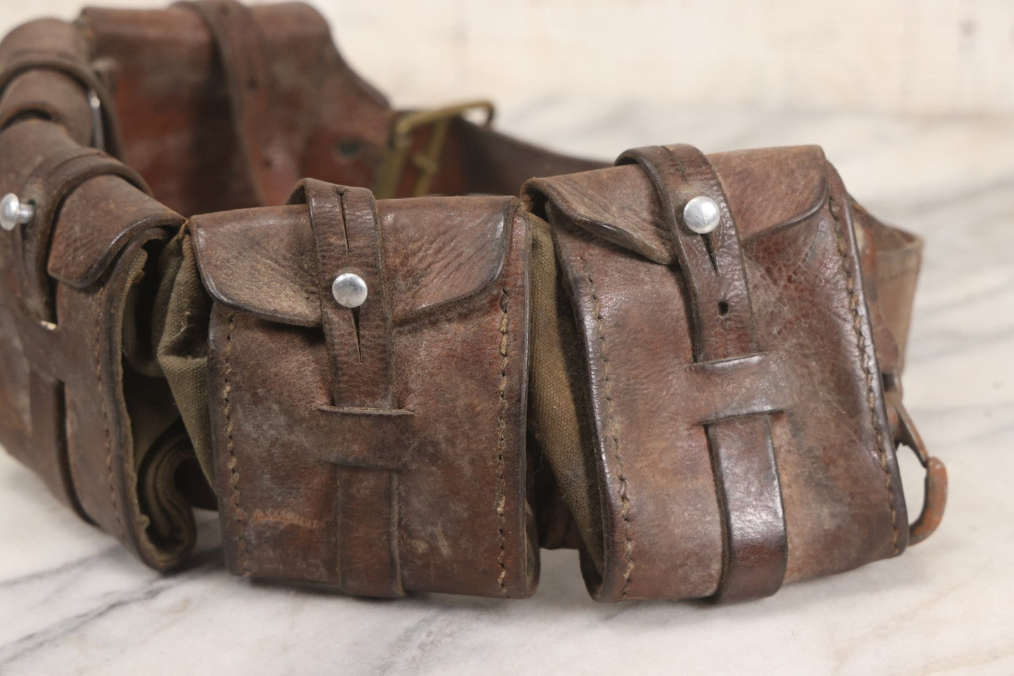 Lot 059 - Antique Leather And Canvas Ammunition Belt With Five Pouch Compartments