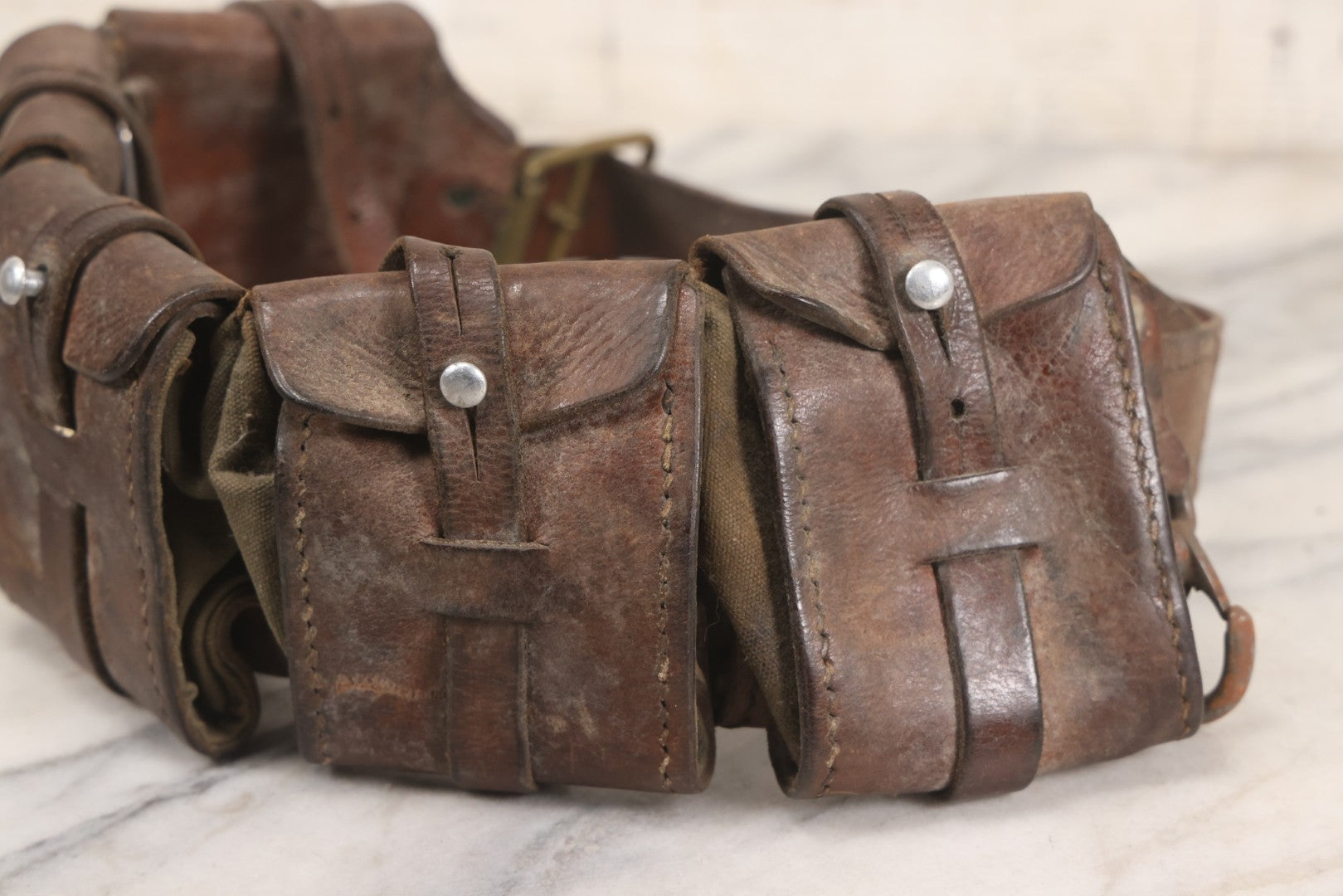 Lot 059 - Antique Leather And Canvas Ammunition Belt With Five Pouch Compartments