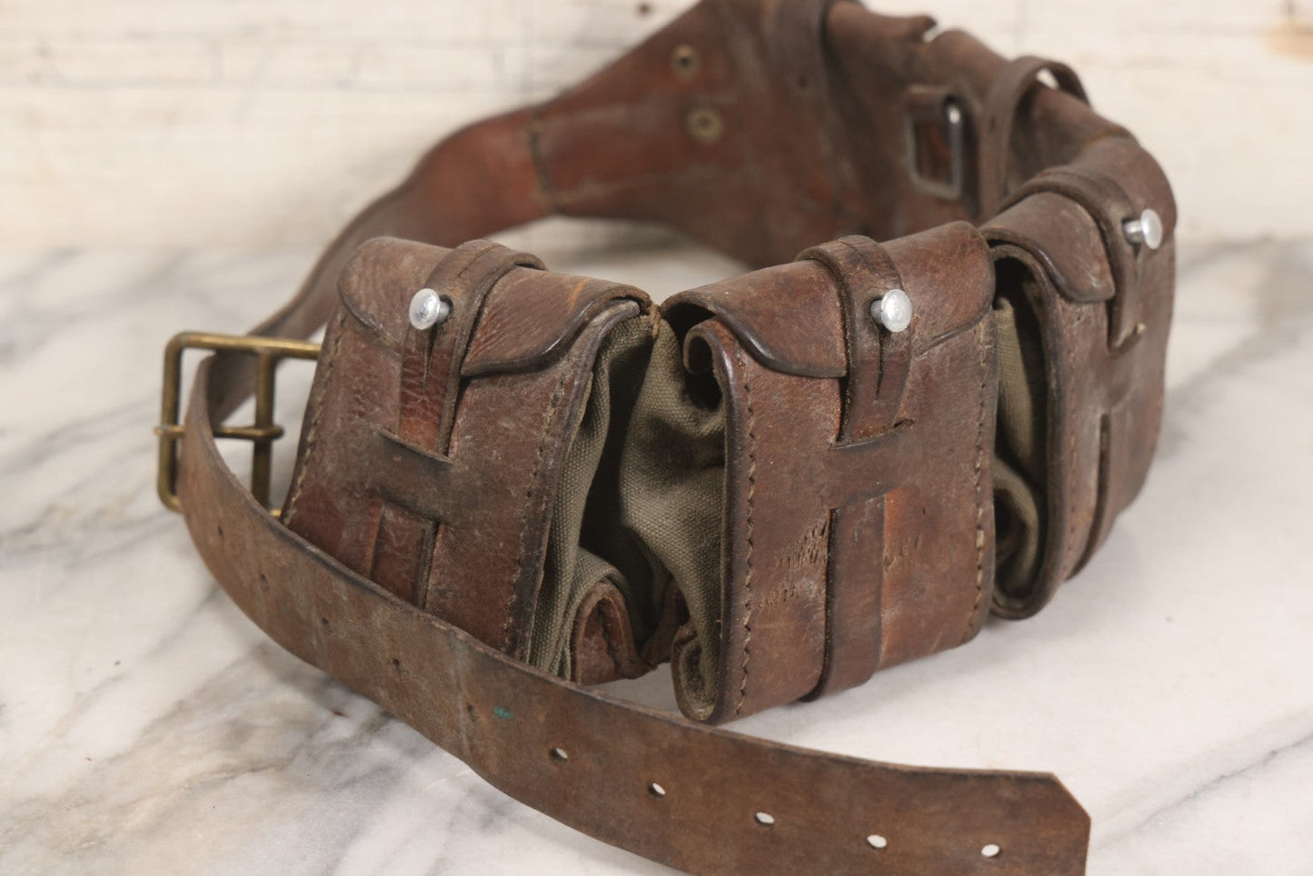 Lot 059 - Antique Leather And Canvas Ammunition Belt With Five Pouch Compartments