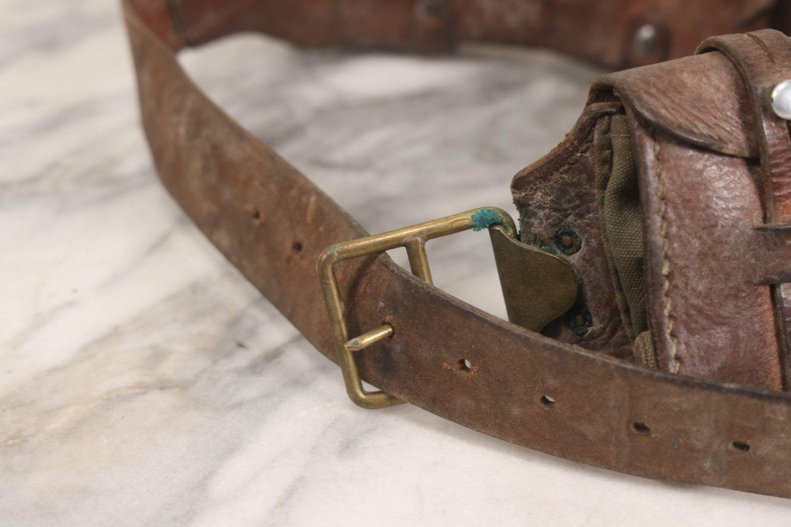 Lot 059 - Antique Leather And Canvas Ammunition Belt With Five Pouch Compartments