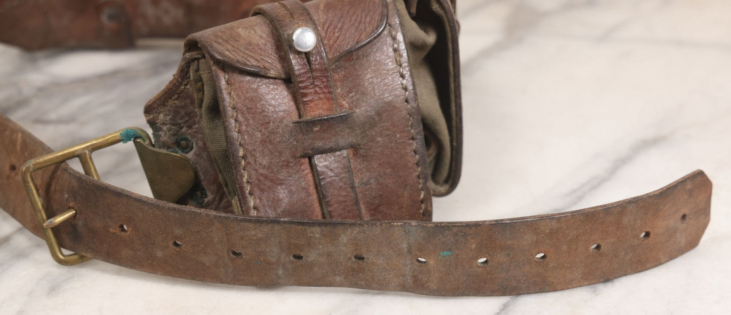 Lot 059 - Antique Leather And Canvas Ammunition Belt With Five Pouch Compartments