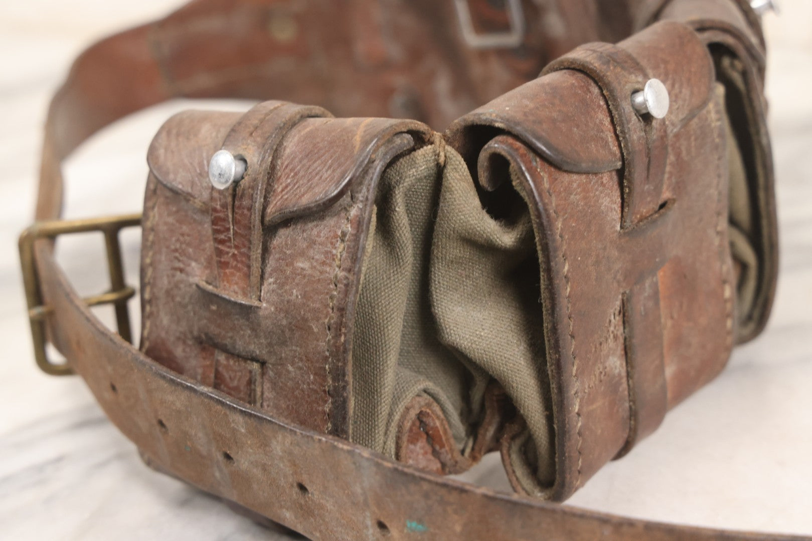 Lot 059 - Antique Leather And Canvas Ammunition Belt With Five Pouch Compartments