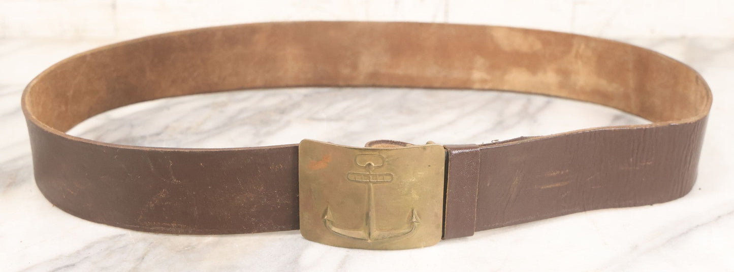 Lot 060 - Trio Of Antique Leather Belts Including Brass Anchor Buckle, Brass Eagle-And-Anchor Buckle, And Belt Marked “Sgt. Standish, Co. L. 182nd Inf.”