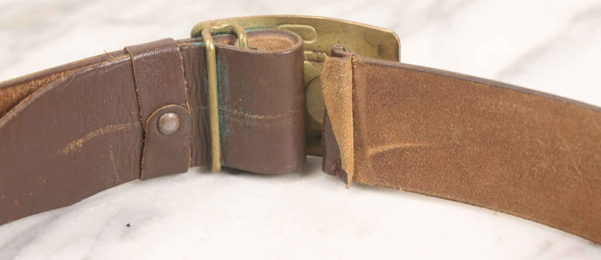Lot 060 - Trio Of Antique Leather Belts Including Brass Anchor Buckle, Brass Eagle-And-Anchor Buckle, And Belt Marked “Sgt. Standish, Co. L. 182nd Inf.”