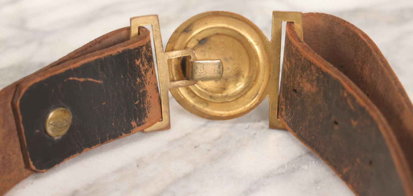 Lot 060 - Trio Of Antique Leather Belts Including Brass Anchor Buckle, Brass Eagle-And-Anchor Buckle, And Belt Marked “Sgt. Standish, Co. L. 182nd Inf.”