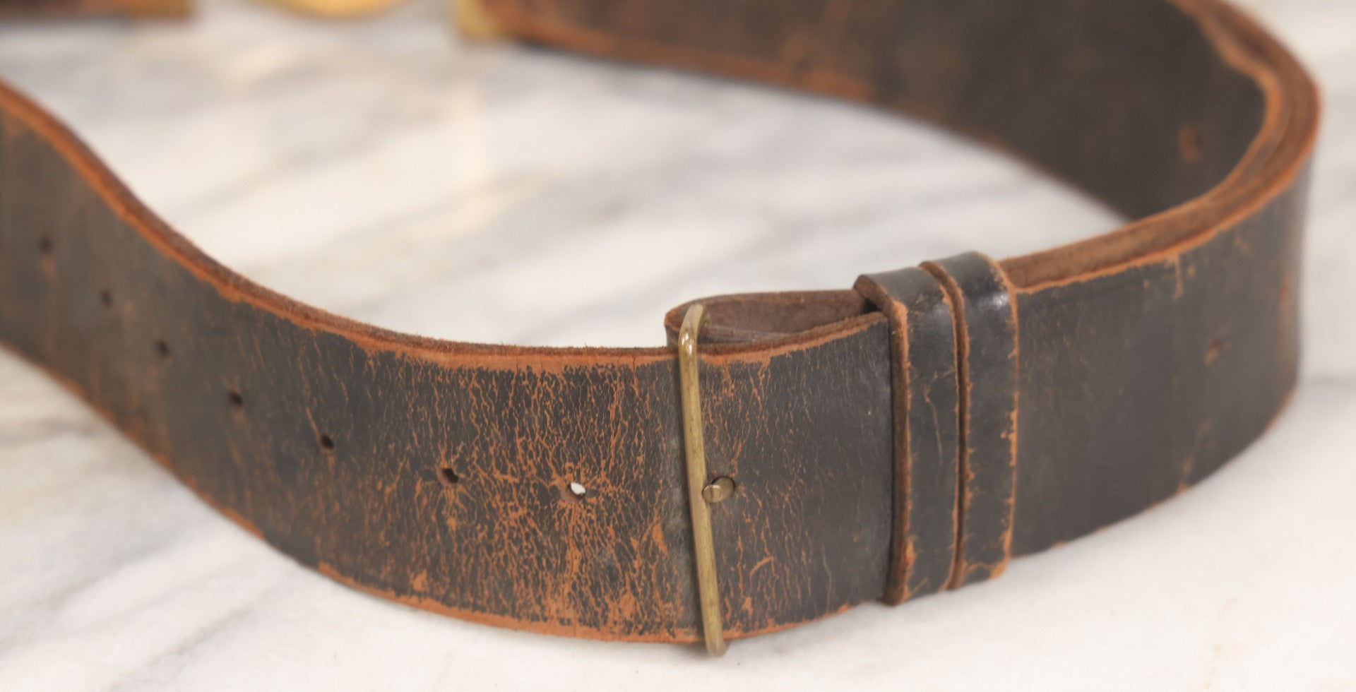 Lot 060 - Trio Of Antique Leather Belts Including Brass Anchor Buckle, Brass Eagle-And-Anchor Buckle, And Belt Marked “Sgt. Standish, Co. L. 182nd Inf.”