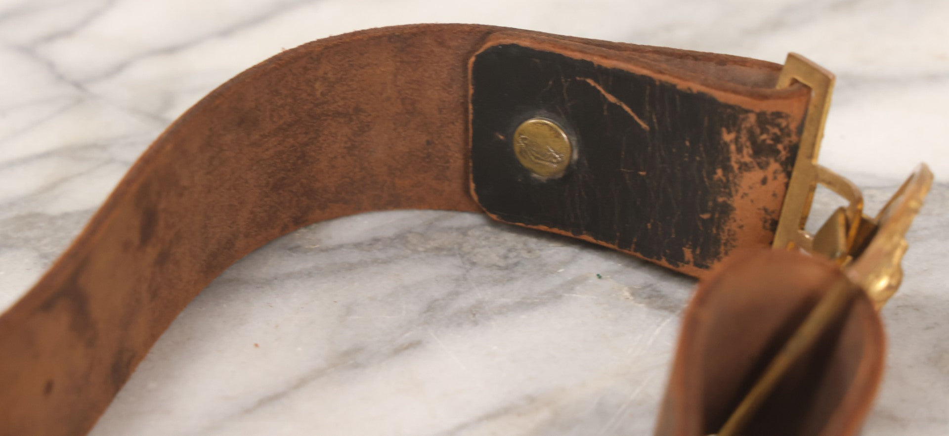 Lot 060 - Trio Of Antique Leather Belts Including Brass Anchor Buckle, Brass Eagle-And-Anchor Buckle, And Belt Marked “Sgt. Standish, Co. L. 182nd Inf.”