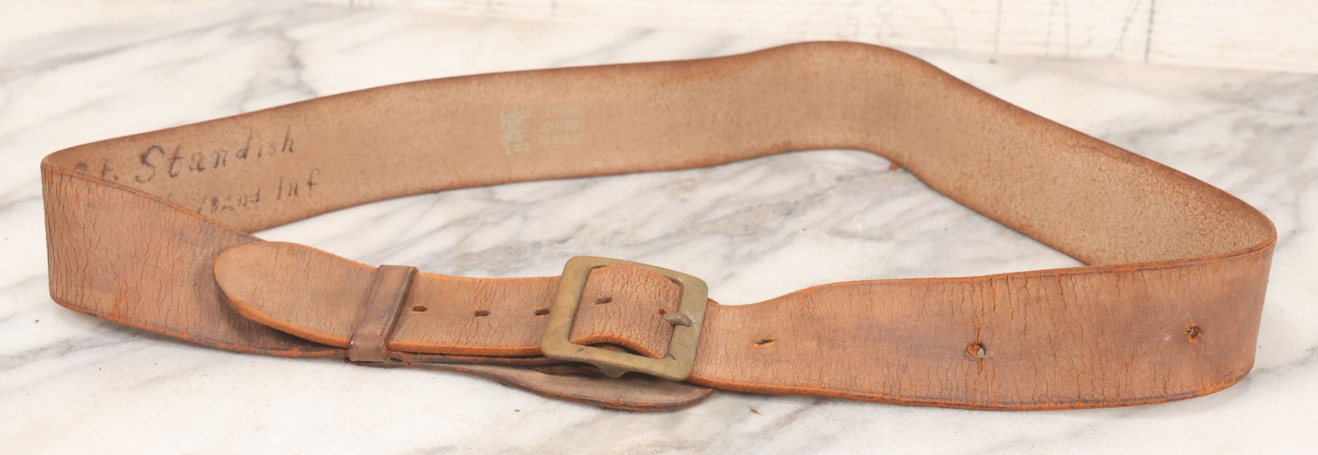 Lot 060 - Trio Of Antique Leather Belts Including Brass Anchor Buckle, Brass Eagle-And-Anchor Buckle, And Belt Marked “Sgt. Standish, Co. L. 182nd Inf.”